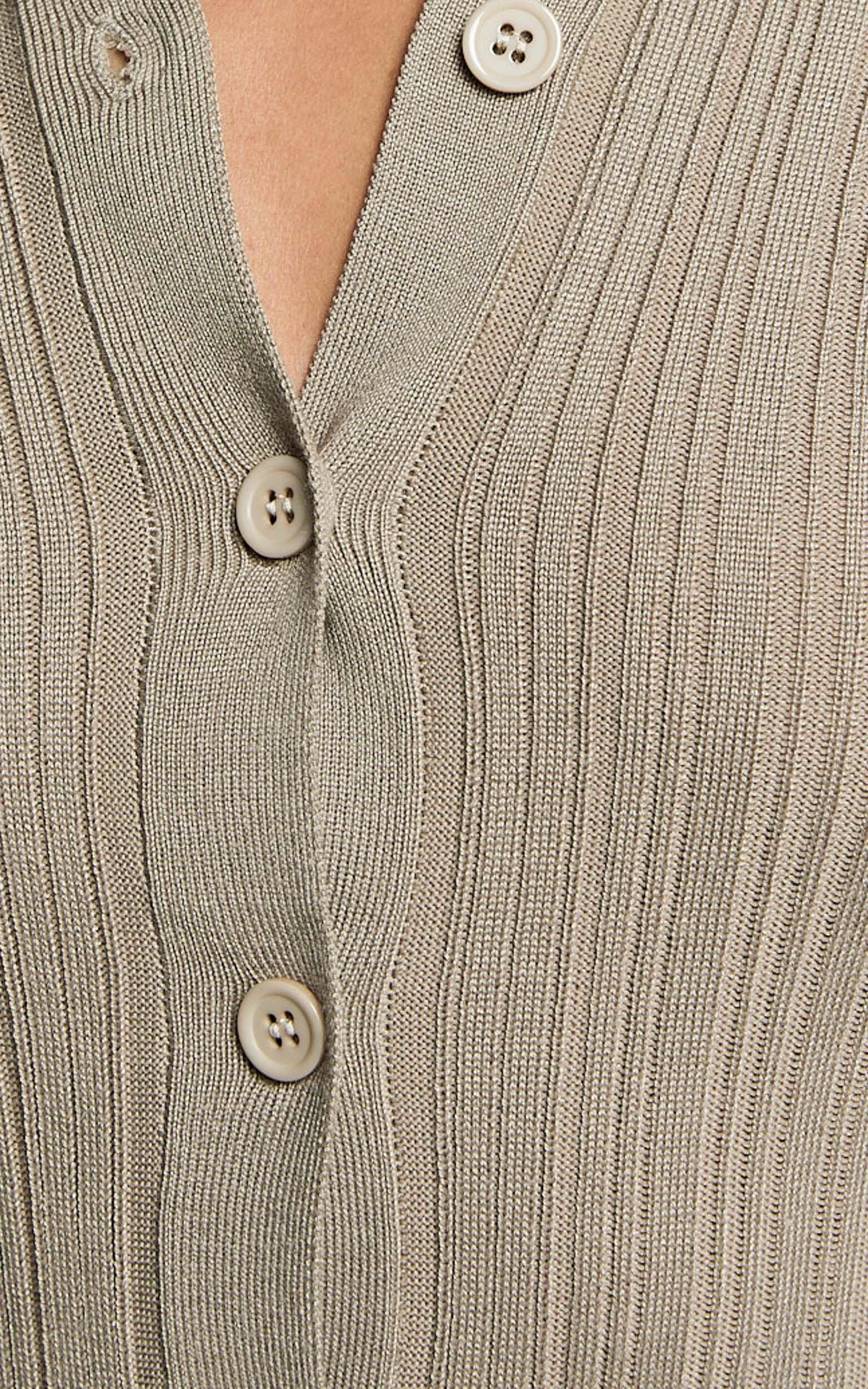 Kelsey Top - Button Through Long Sleeve Knitted Top in Taupe