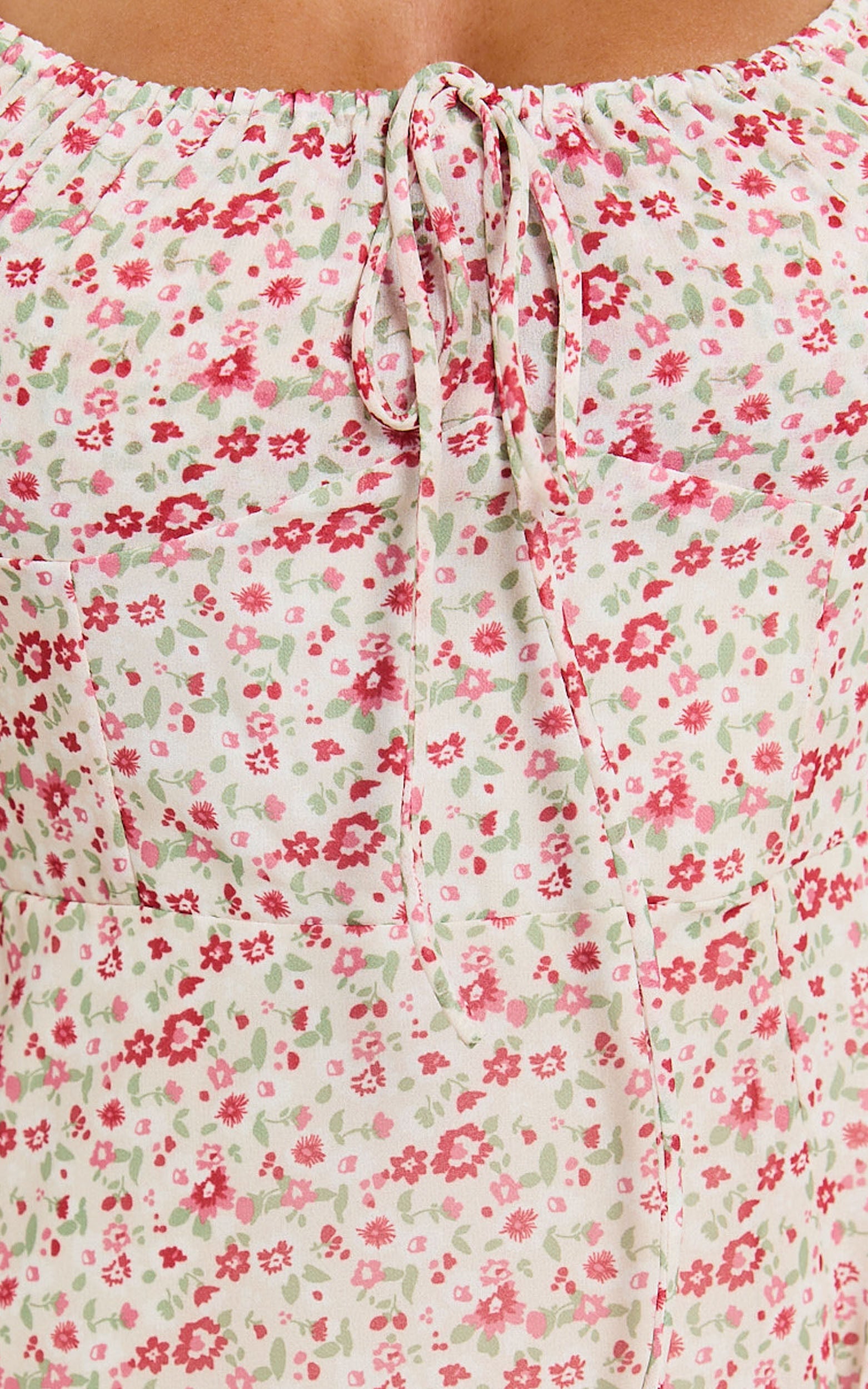 Rhylene Midi Dress - Puff Sleeve Tie Front Detail Midi Dress in Rosy Floral