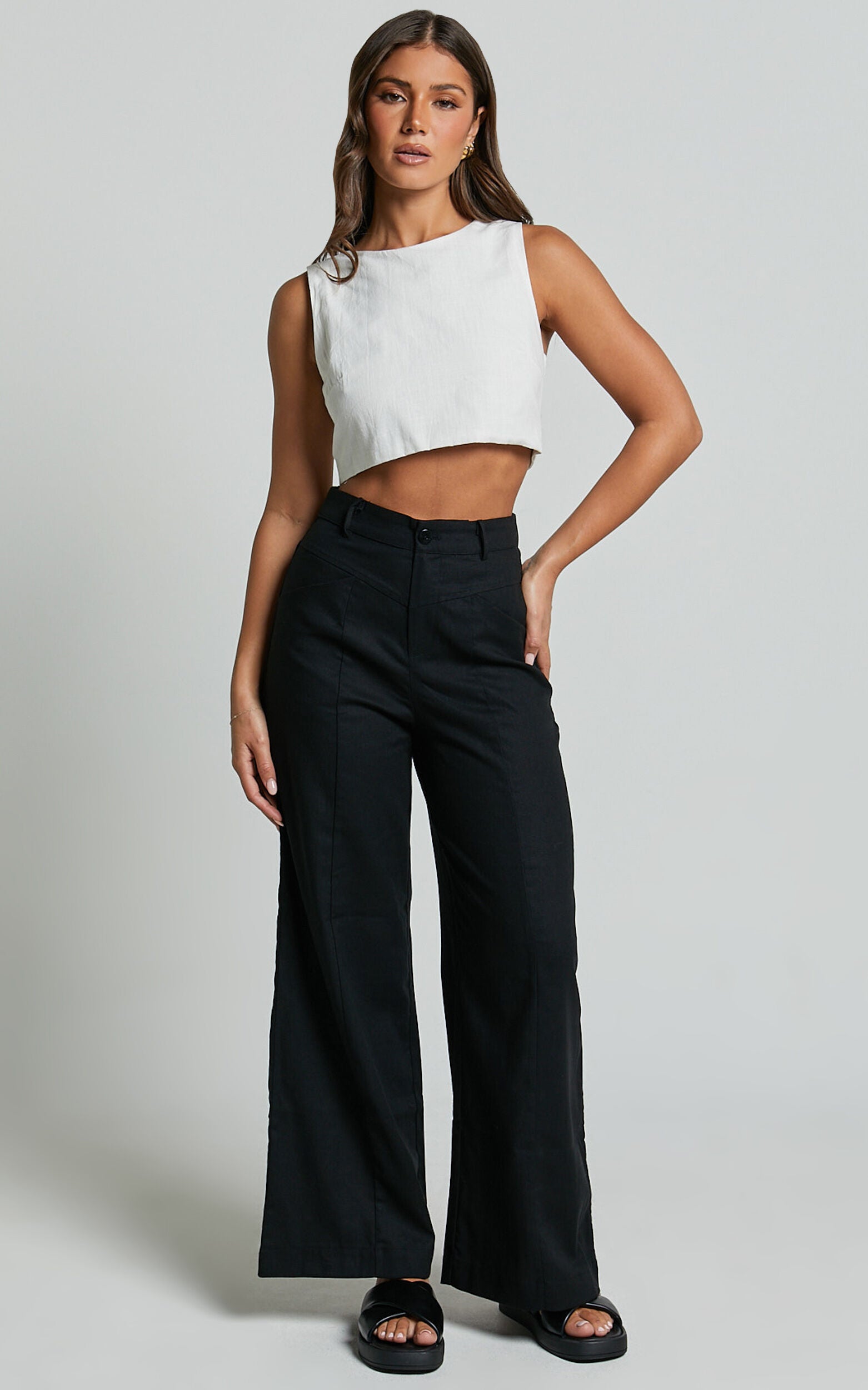 Skye Pants - Linen High Waisted Seam Detail Pants in Black