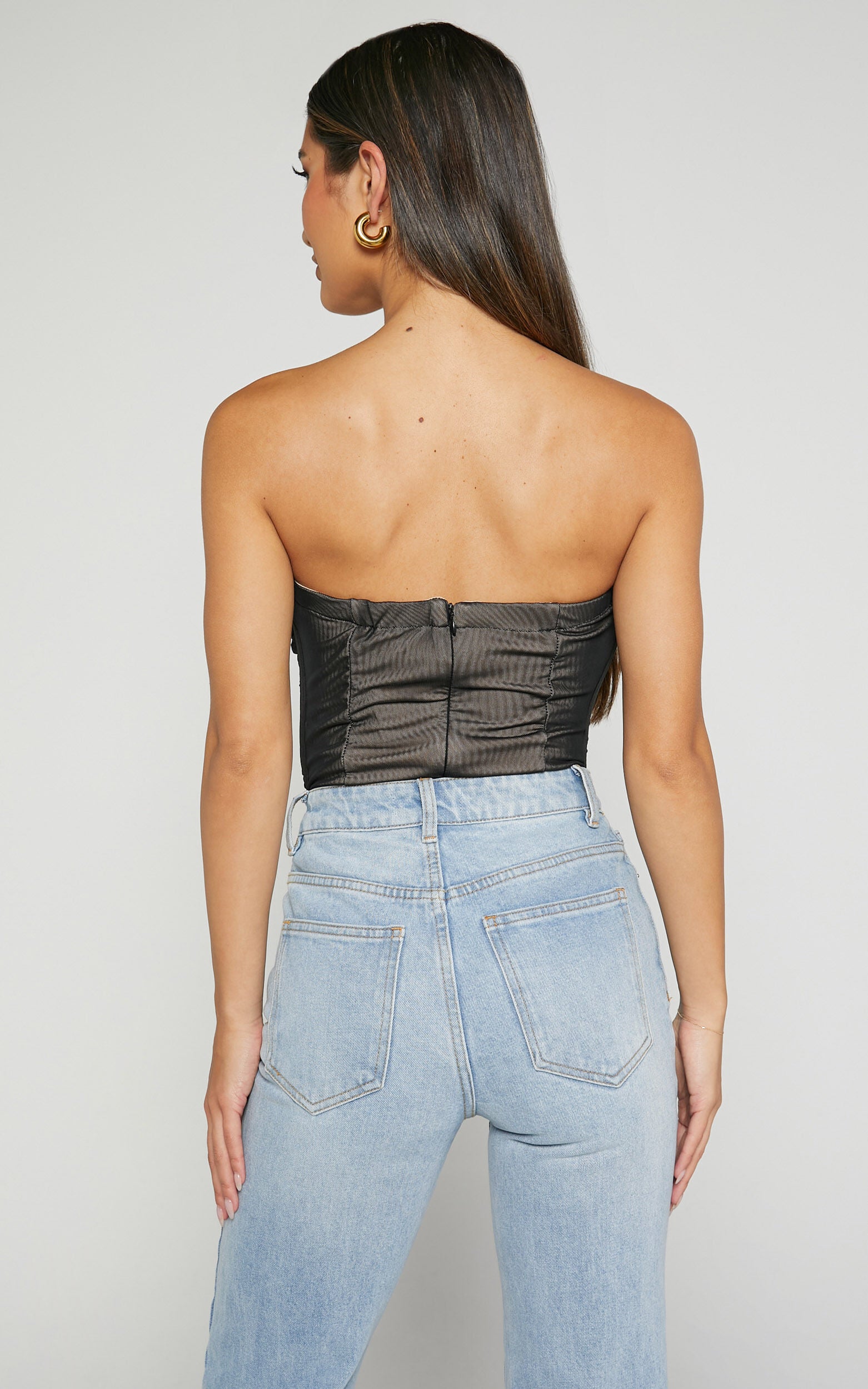 Isabella Bodysuit - Ruched Strapless Mesh Corset in Black