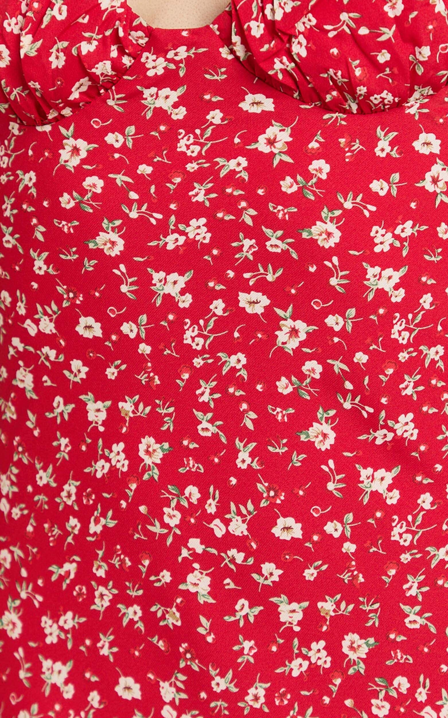 Hilton Midi Dress - Ruched Bust Slip Dress in Red Floral