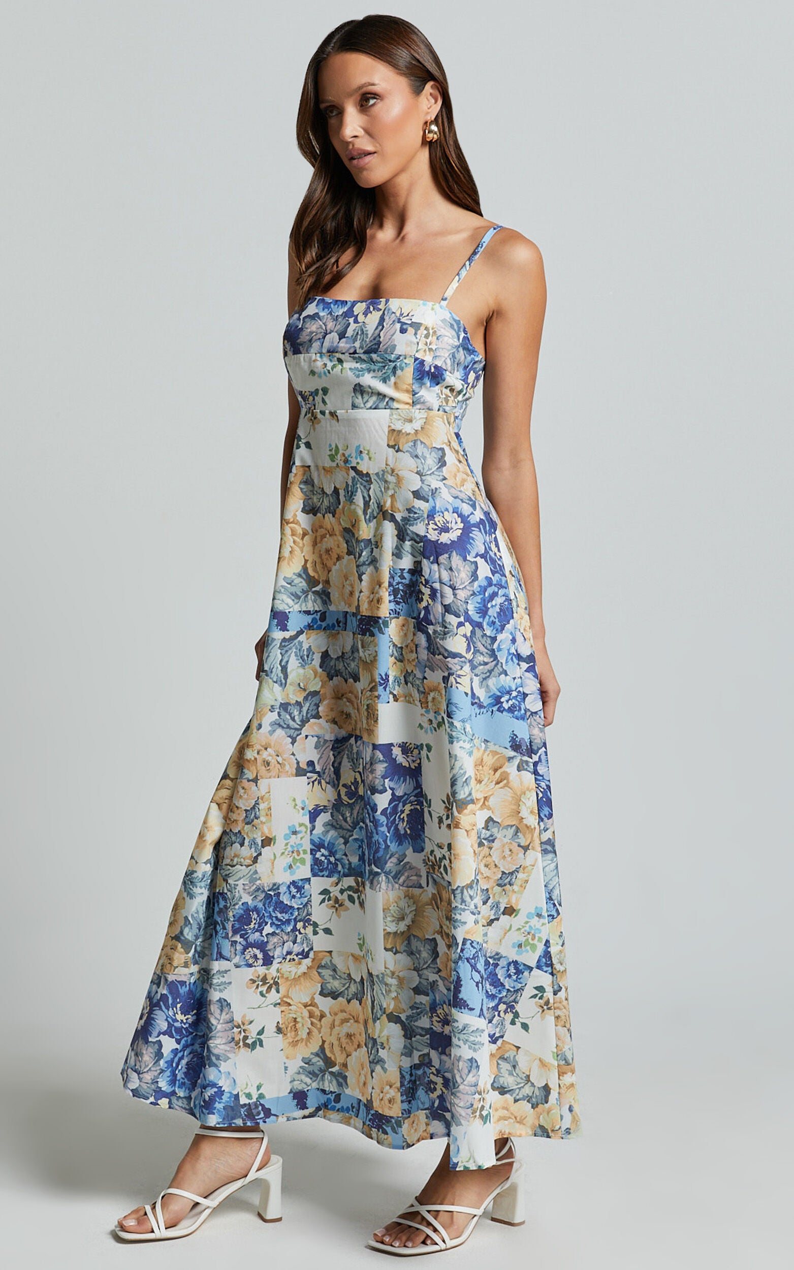 Olivia Midi Dress - Straight Neck Strappy A-Line Dress in Patchwork Floral
