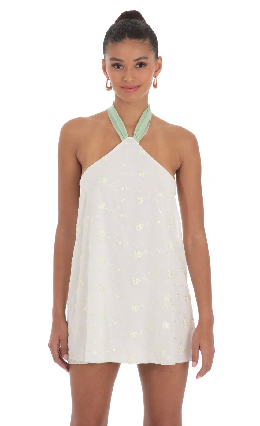 Floral Halter Shift Dress in White
