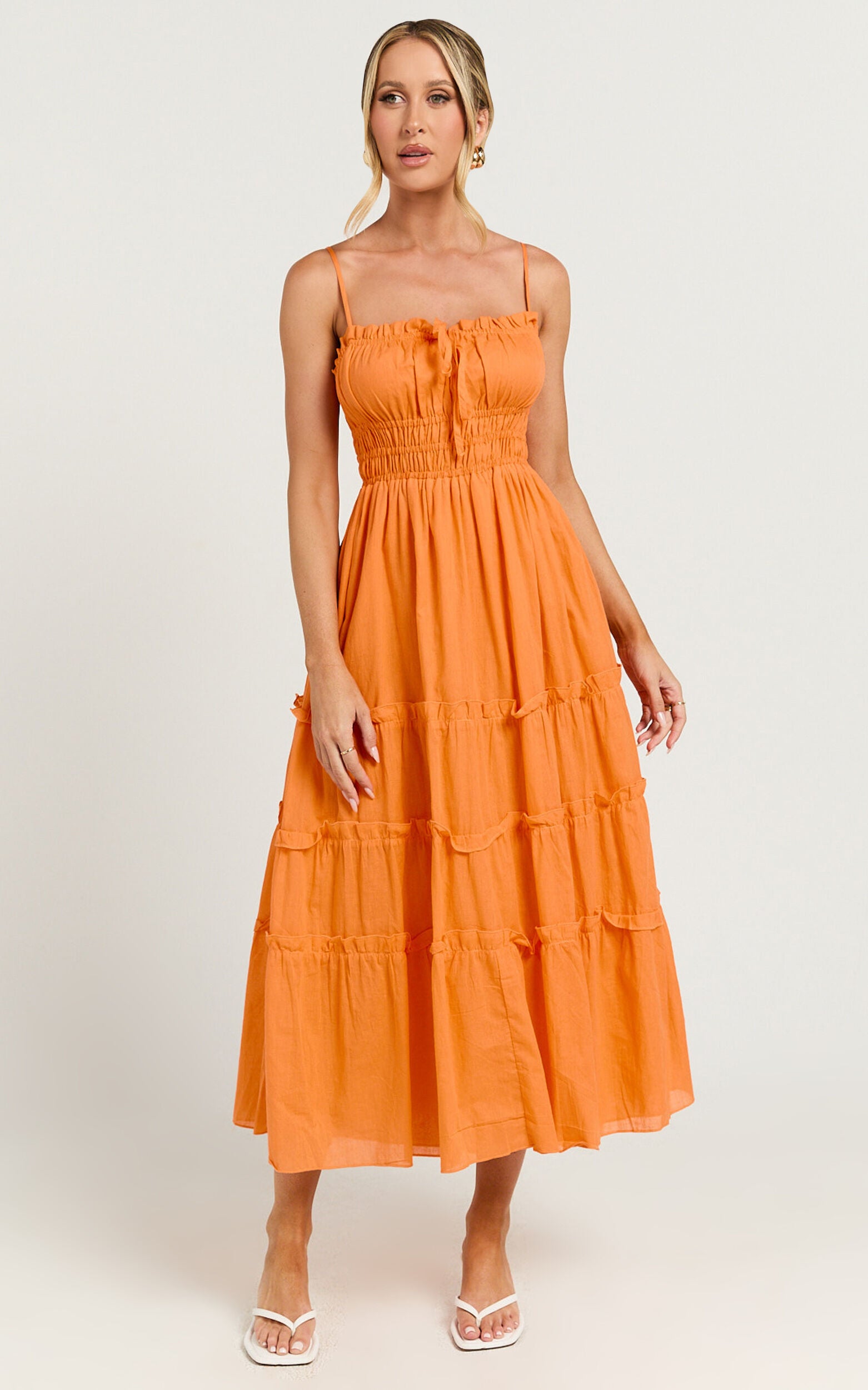 Schiffer Midi Dress - Strappy Ruched Tie Front Tiered Dress in Mandarin
