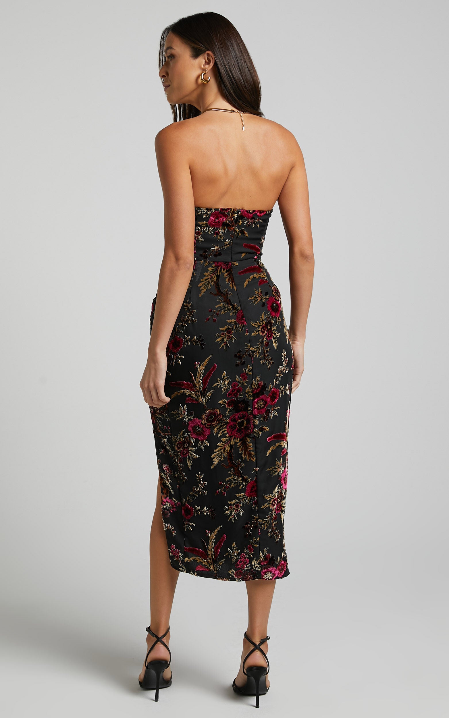 Jessell Midi Dress - High Split Strapless Dress in Black Floral
