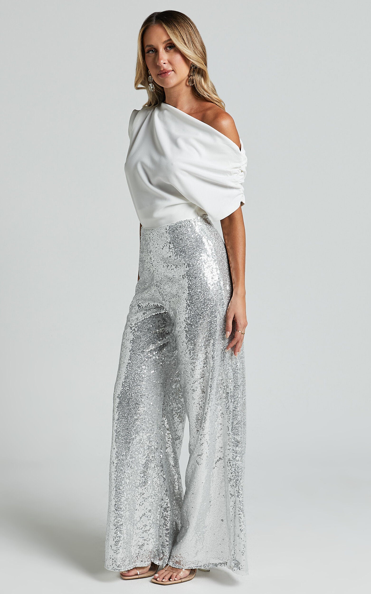 Looma Sequin Pants - High Waisted Super Wide Leg Pants in Silver