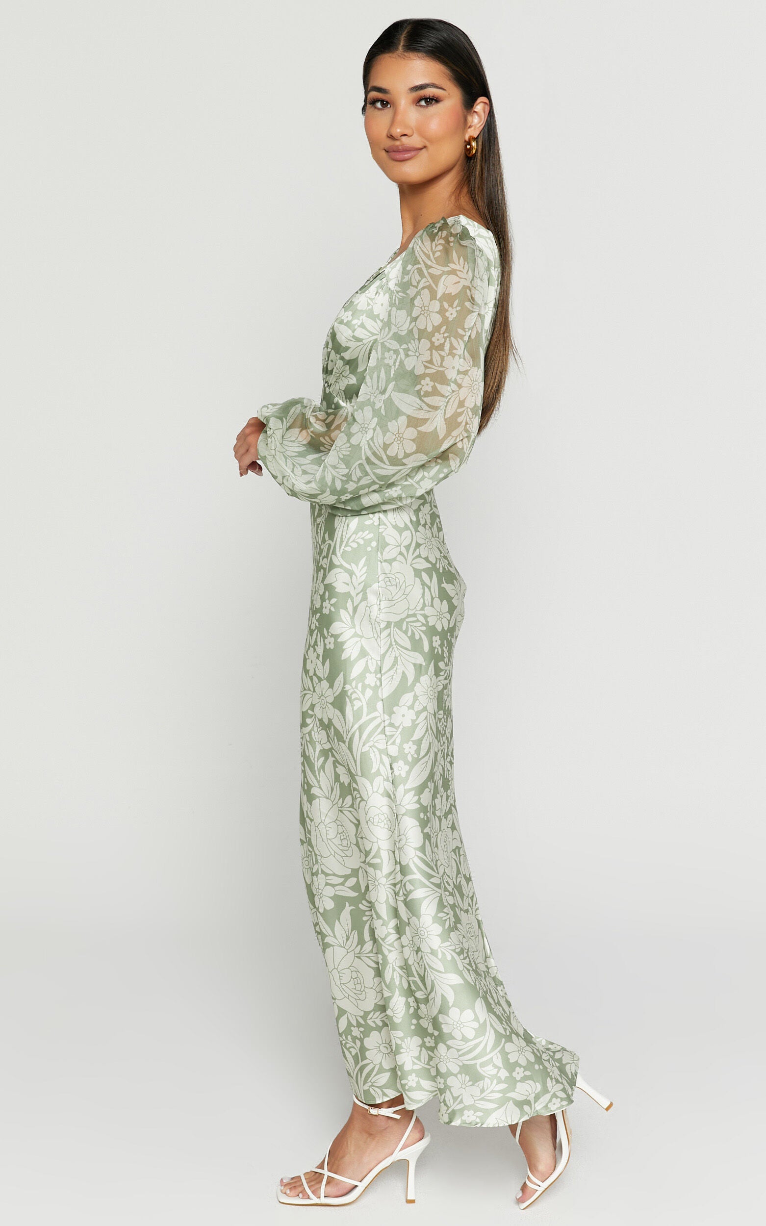 Freollyn Midi Dress - Deep V Neck Long Sleeve Dress in Sage