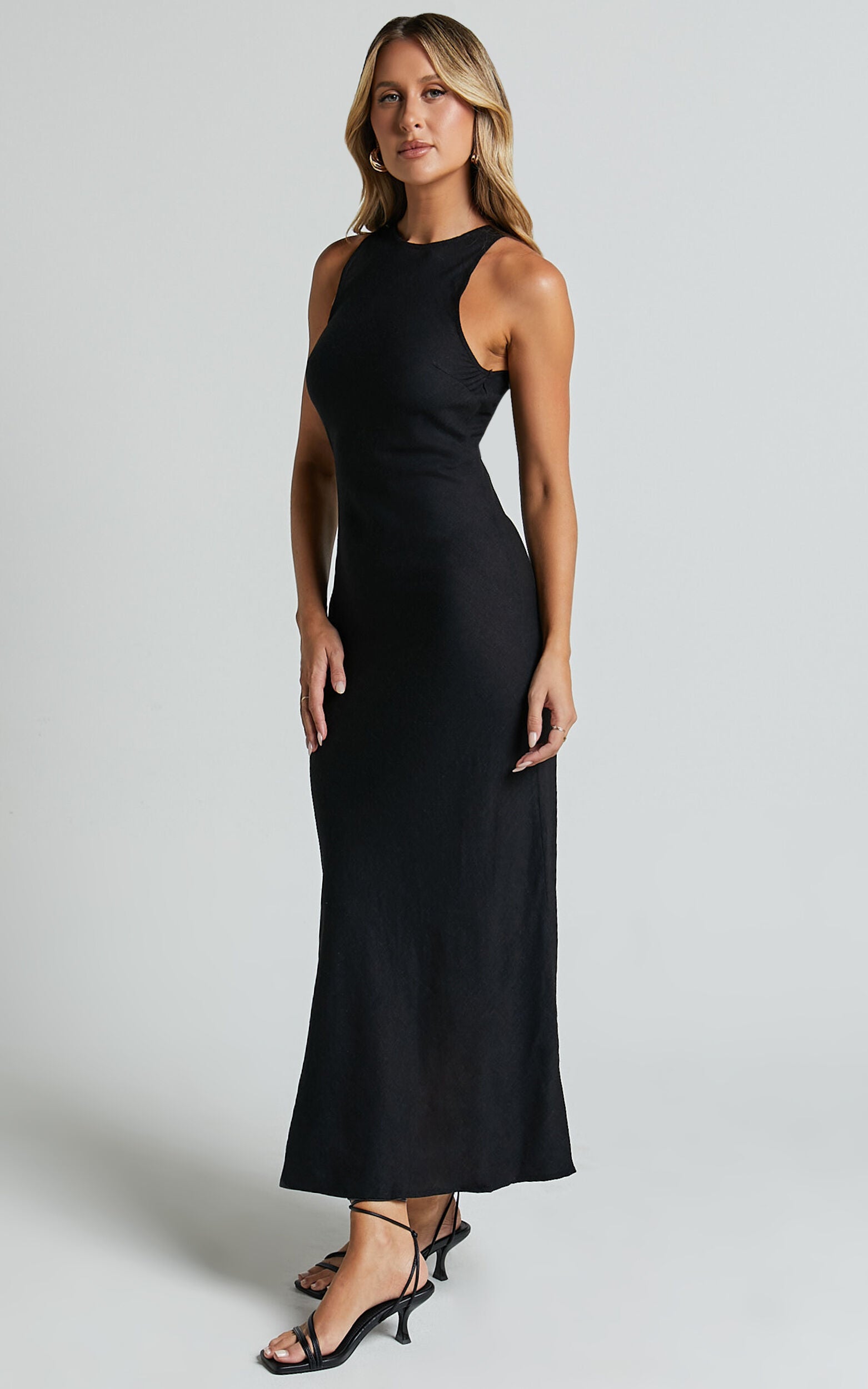 Fernley Midi Dress - Linen Racer Neck Slip Dress in Black