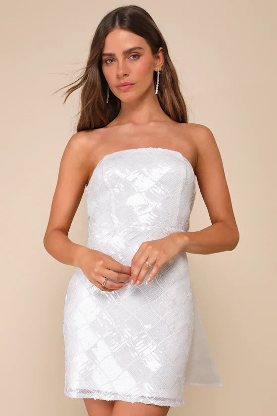 Exquisite Glamour White Mesh Sequin Strapless Bow Mini Dress