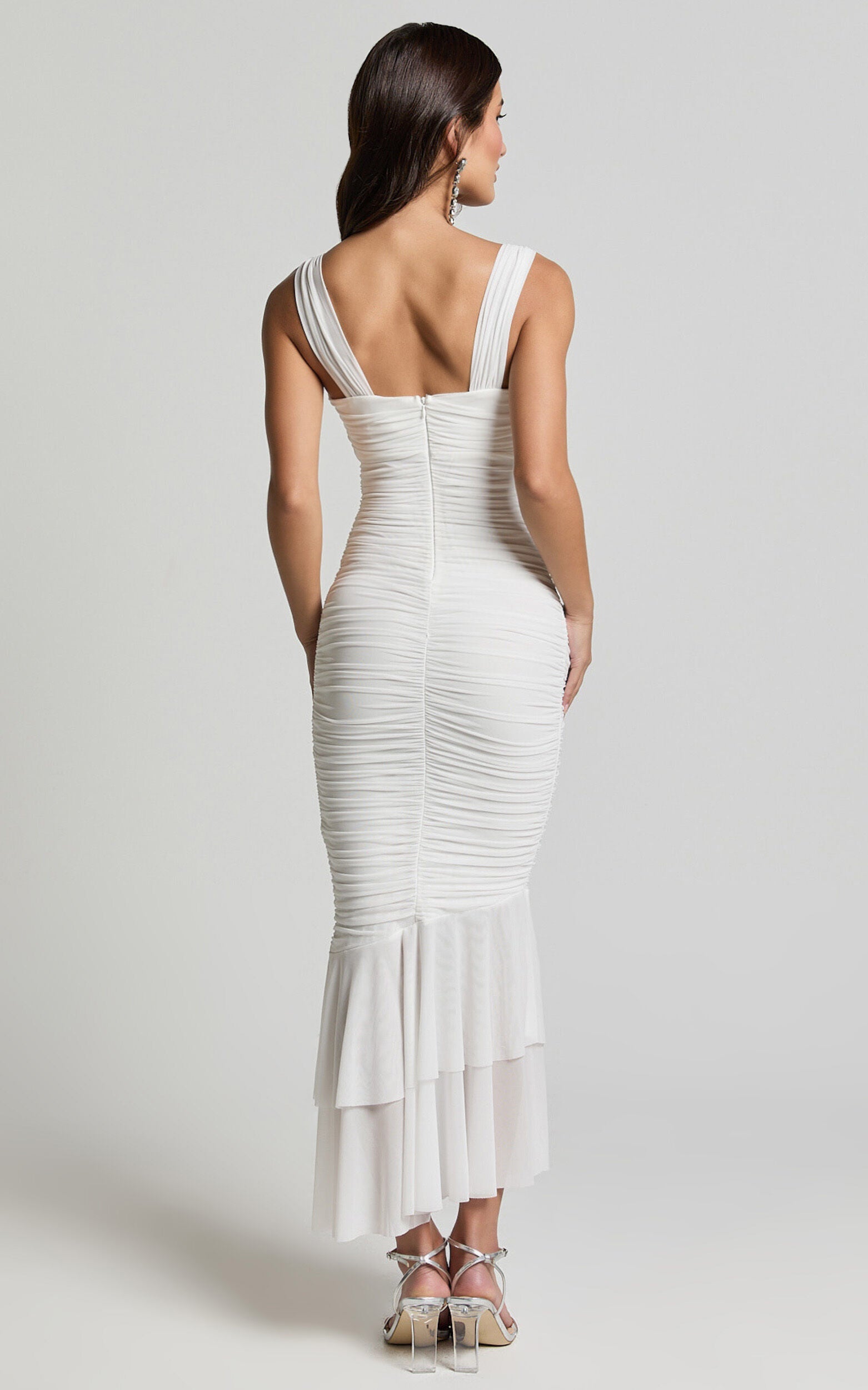 Kody Midi Dress - Bodycon Ruched Mesh Cut Out Dress in White