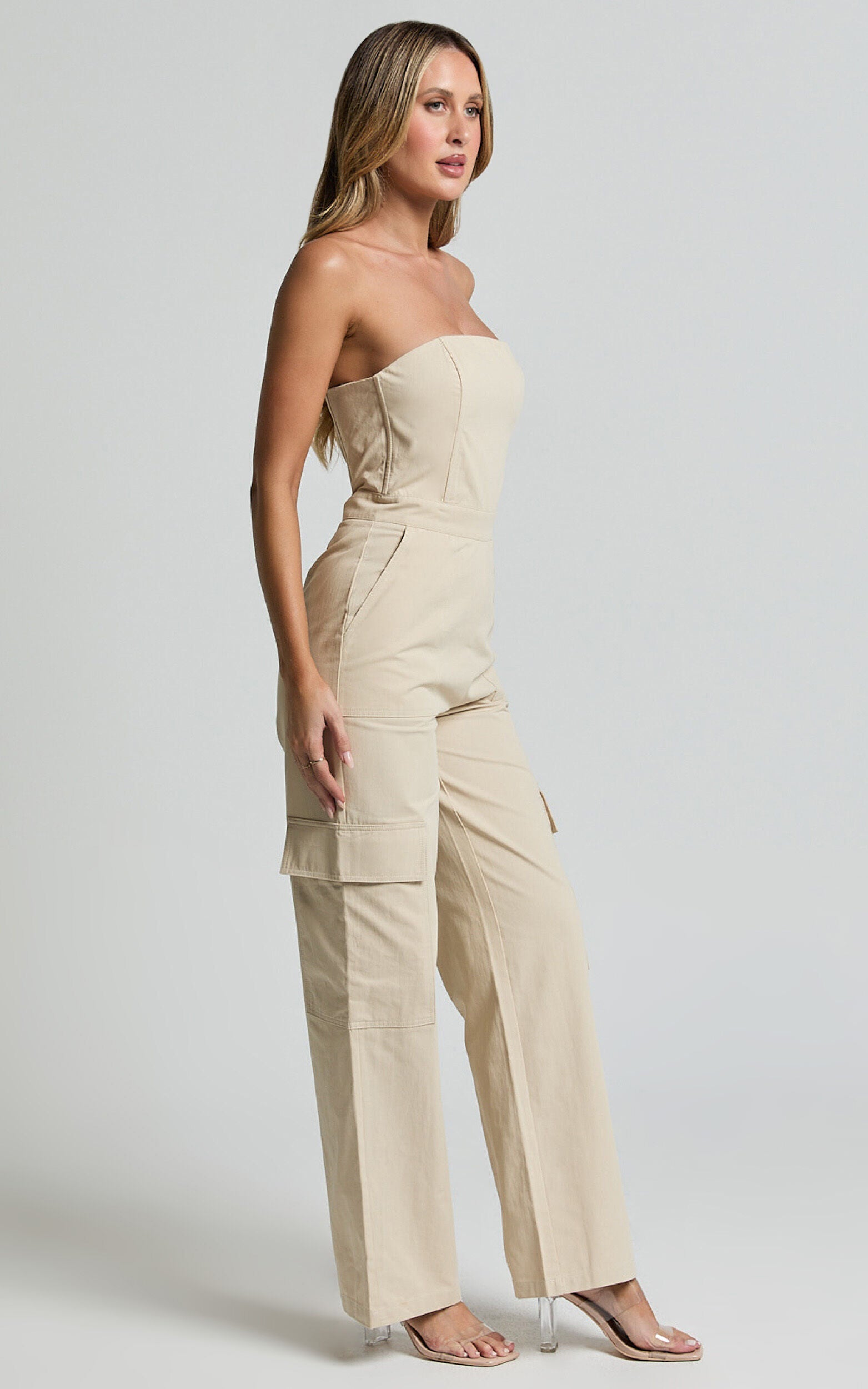 Nellia Jumpsuit - Strapless Straight Leg Cargo Jumpsuit in Stone