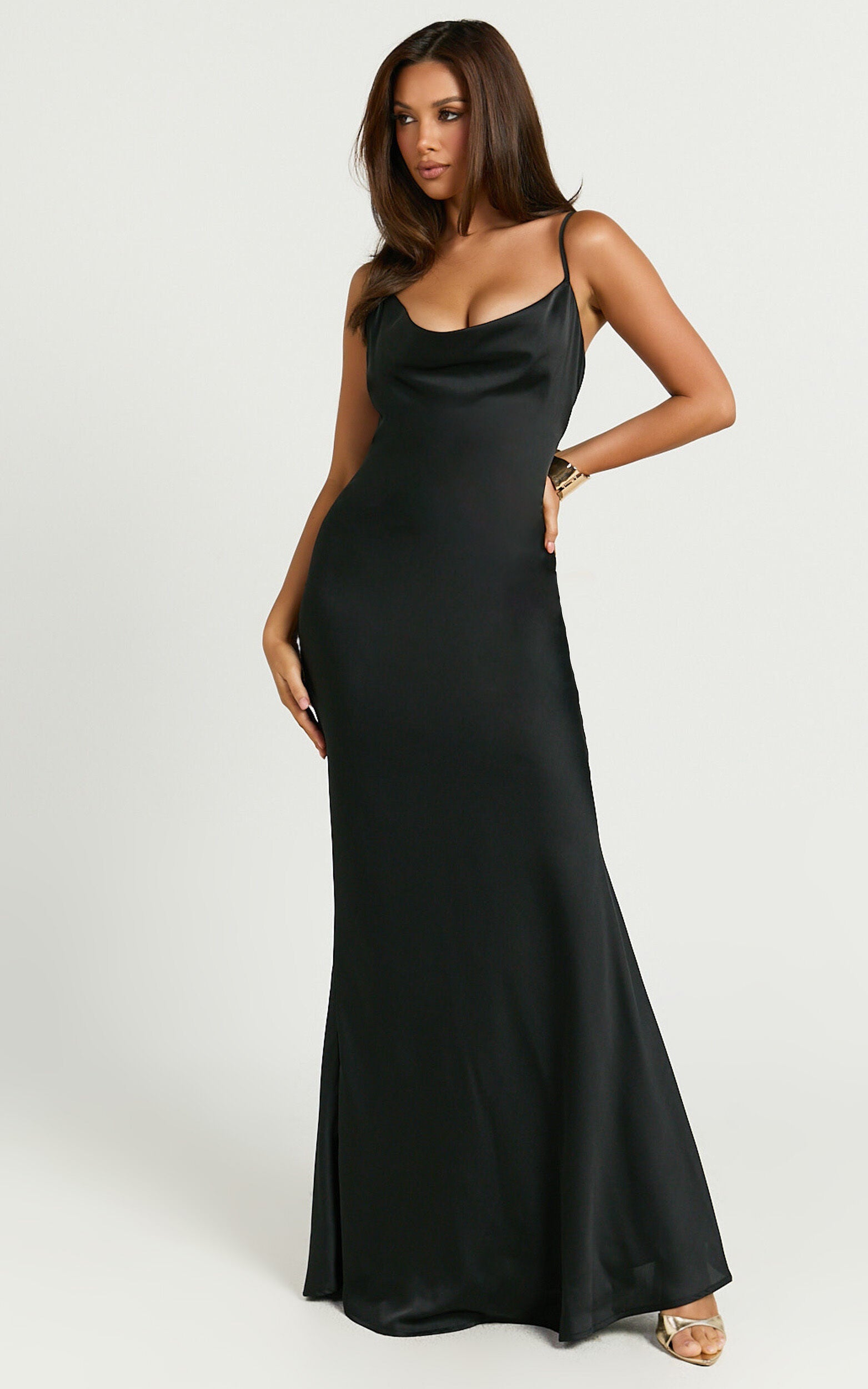 Lunaria Maxi Dress - Cowl Mermaid Slip Dress in Black