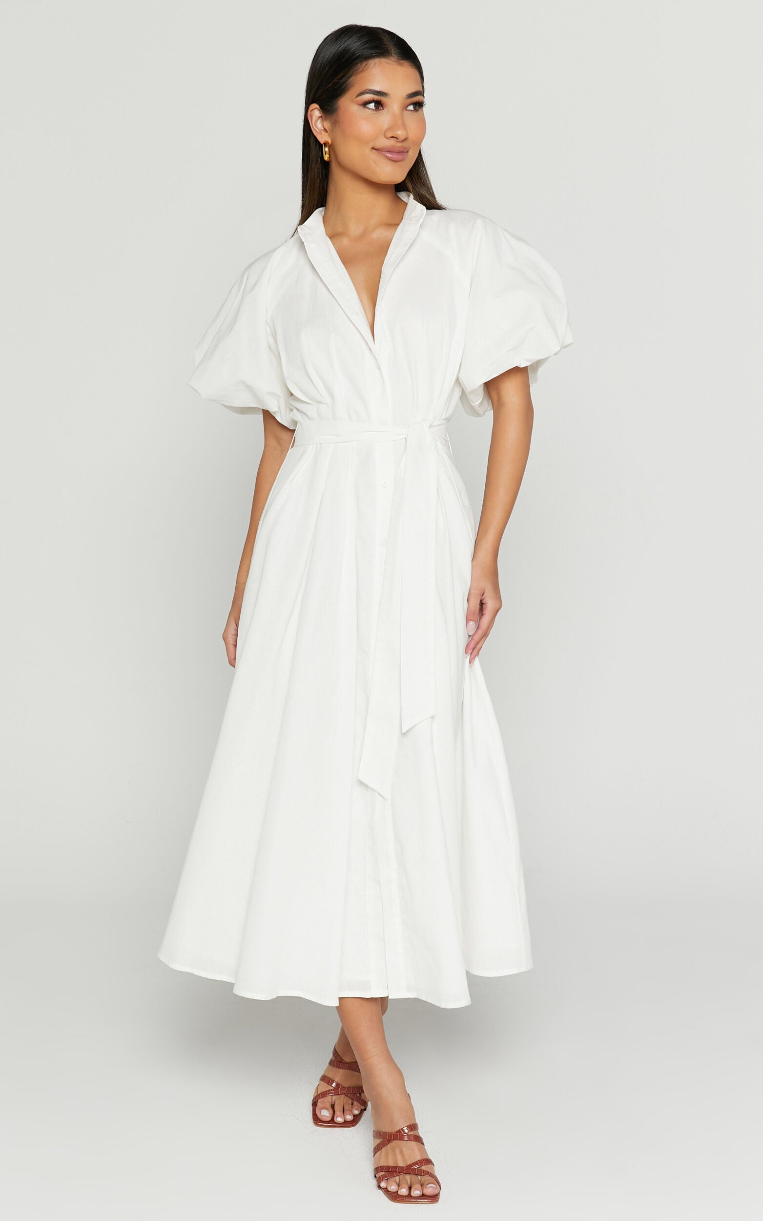 Sabrina Midi Dress - Linen Raglan Sleeve Belted Dress in White