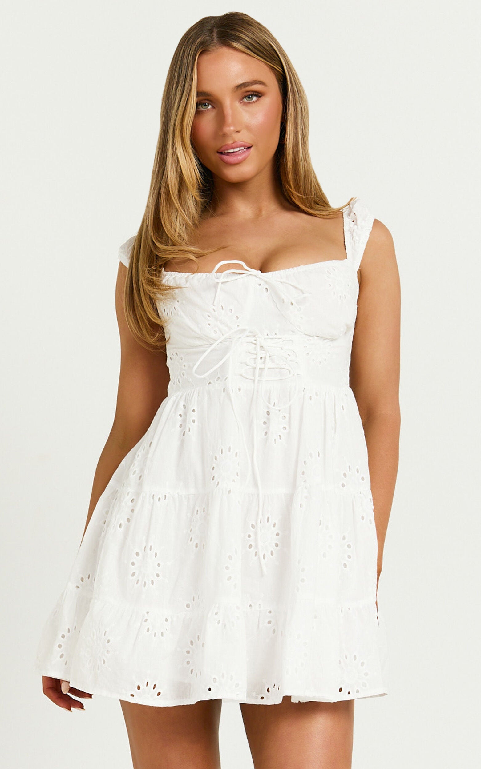Nieza Mini Dress - Short Sleeve Corset Detail Mini Dress in White