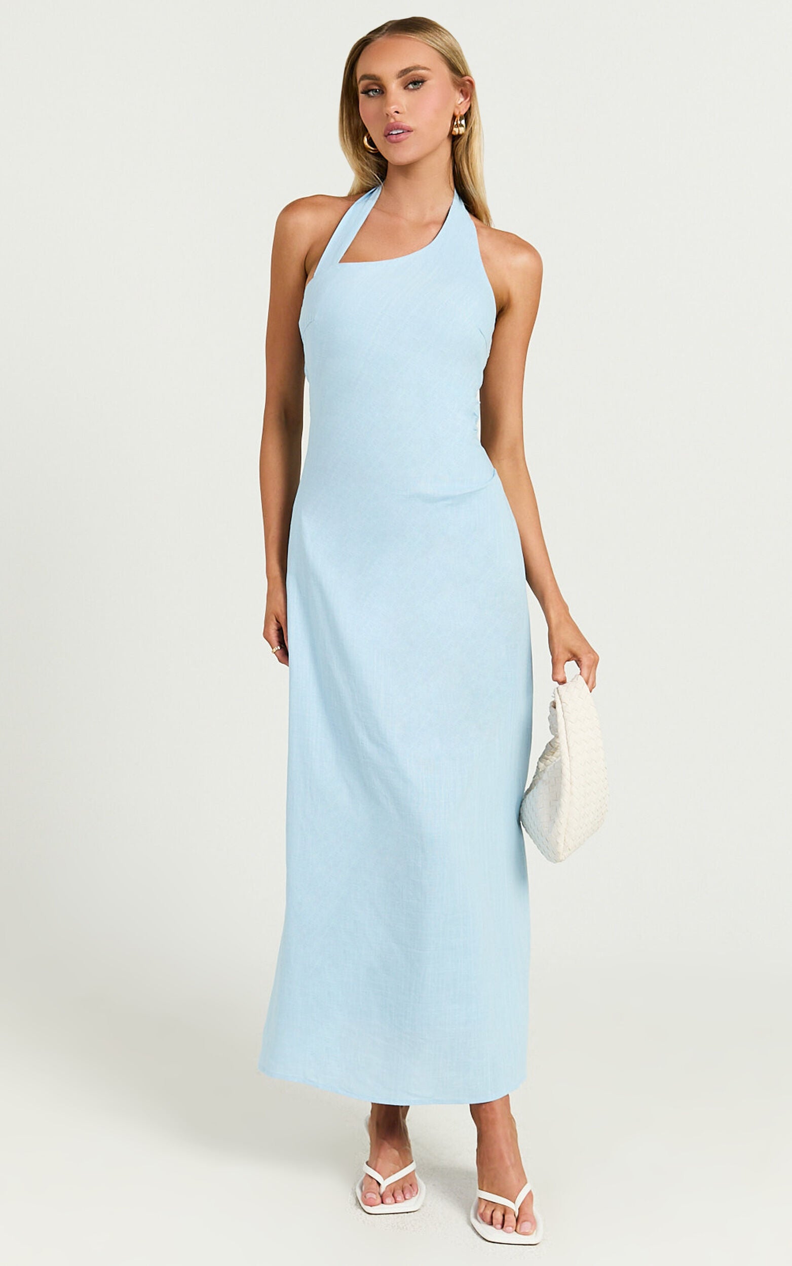Lindley Midi Dress - Halter Neck Linen Look Dress in Soft Blue