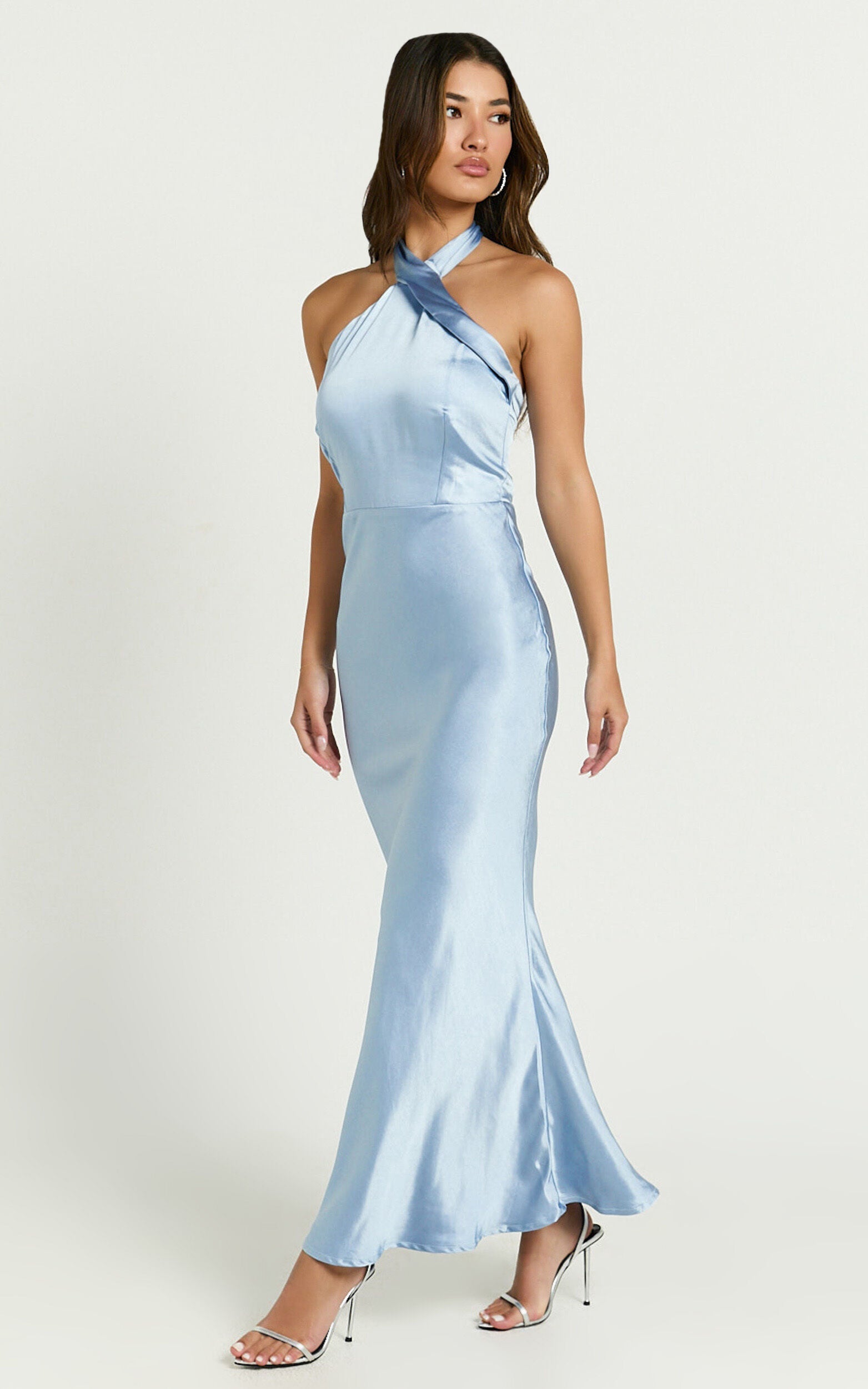 Rhianne Midi Dress - Twist Halter Neck Open Back Satin Dress in Light Blue