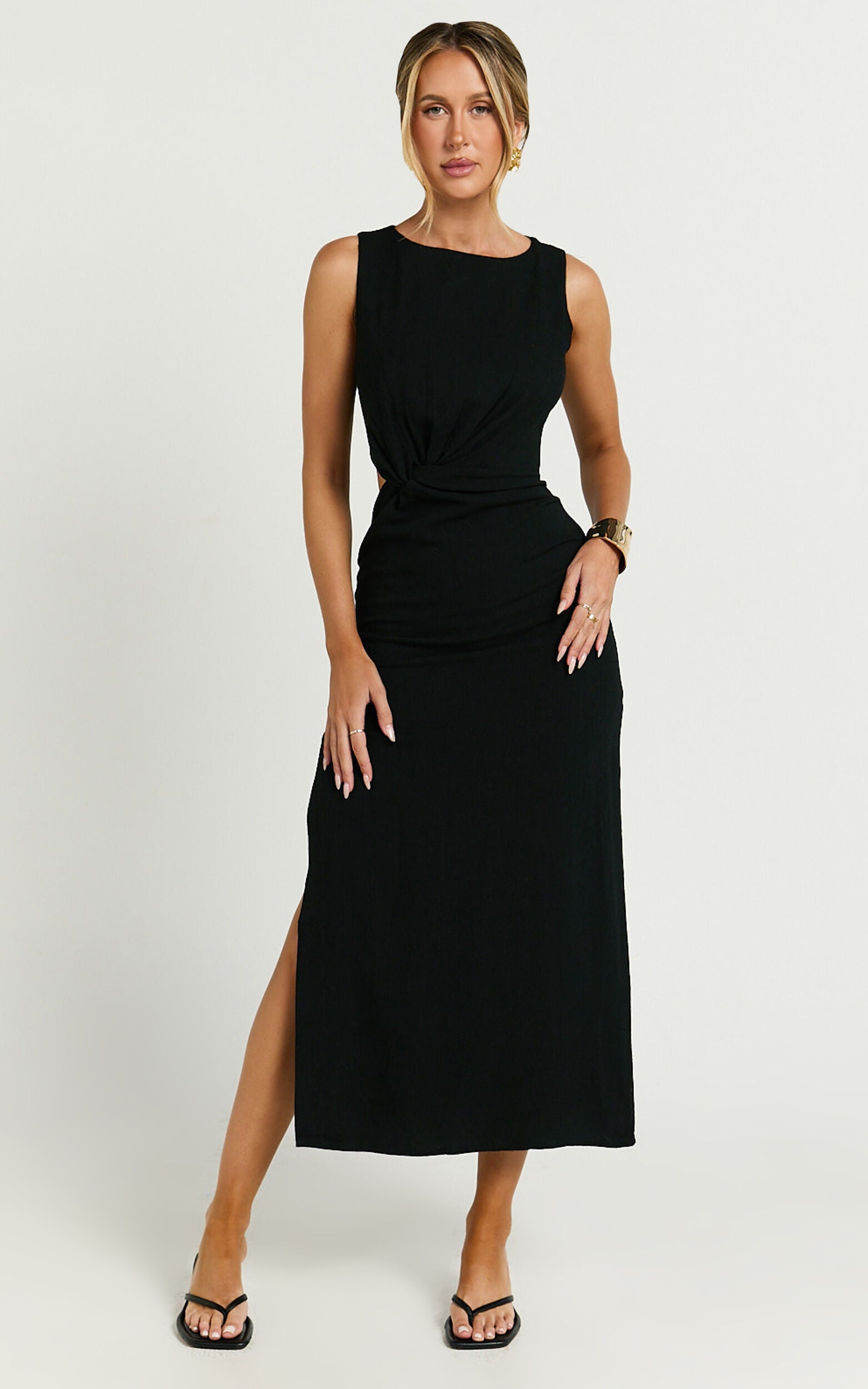 Brodie Midi Dress - Side Cut Out Linen Blend Dress in Black