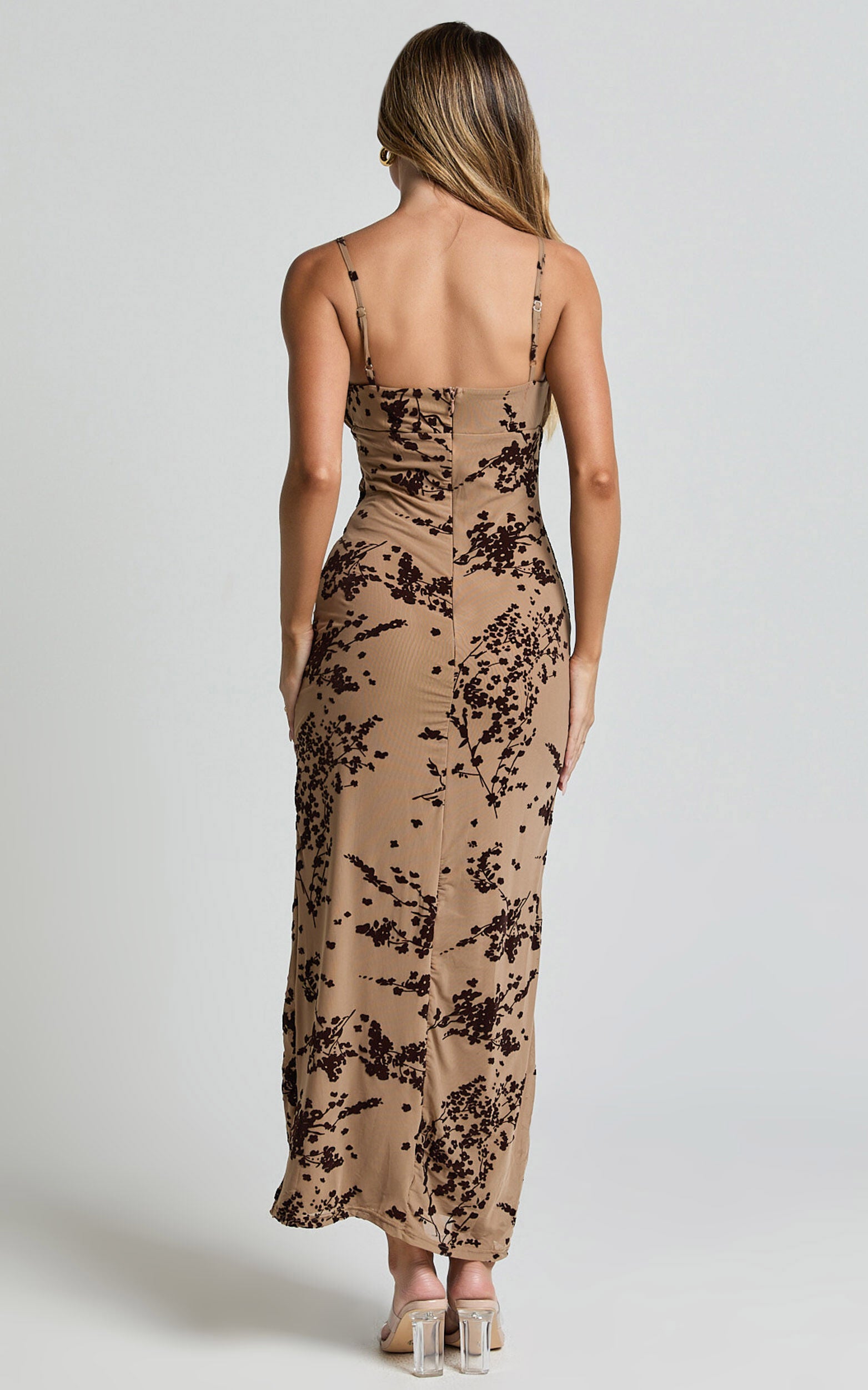 Lindsay Midi Dress - Ruched Chest Velvet Burnout Slip Dress in Brown Floral