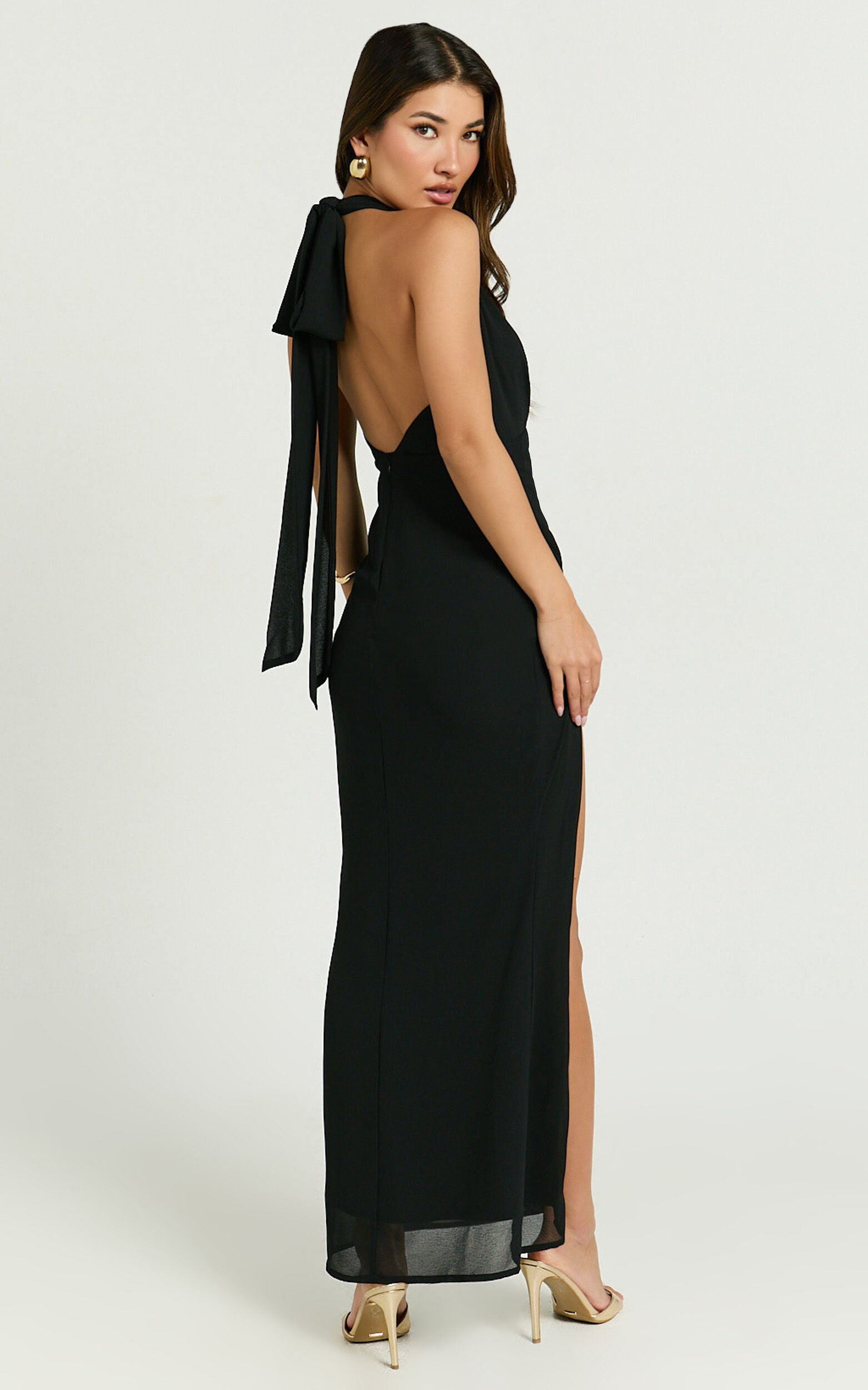 Nikki Maxi Dress - Halter Thigh Split Wrap Dress in Black