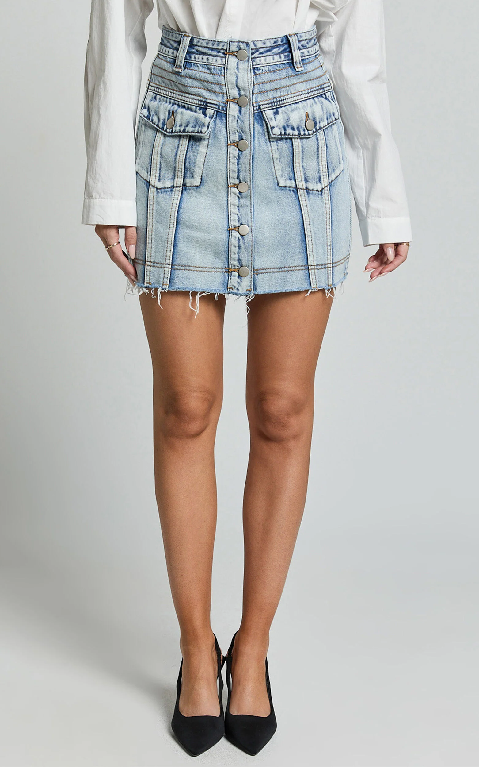 Gennlee Mini Skirt - Cotton Contrast Denim Skirt in Light Wash Blue
