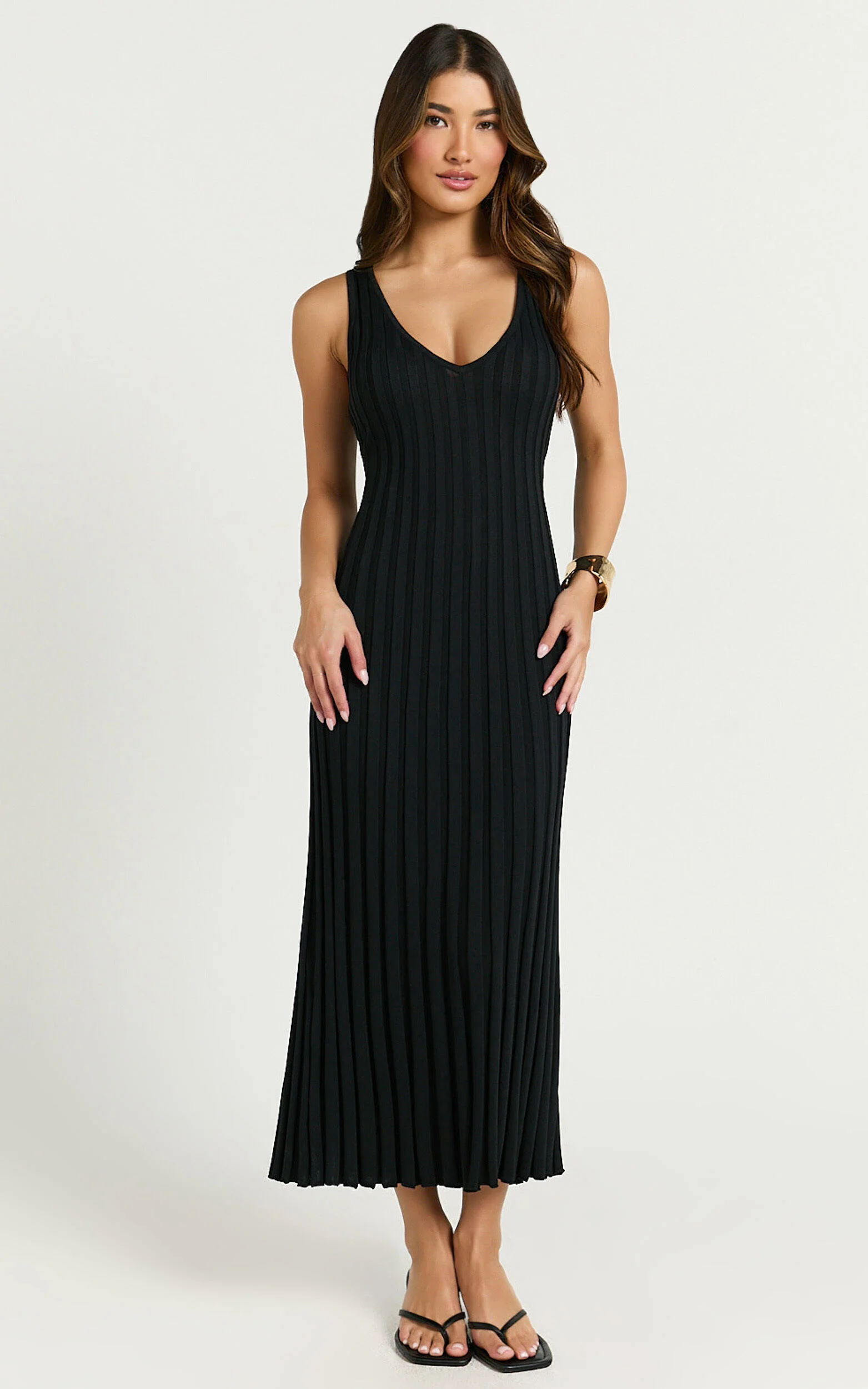 Maya Midi Knit Dress - Sleeveless V Neck Knited Dress in Black