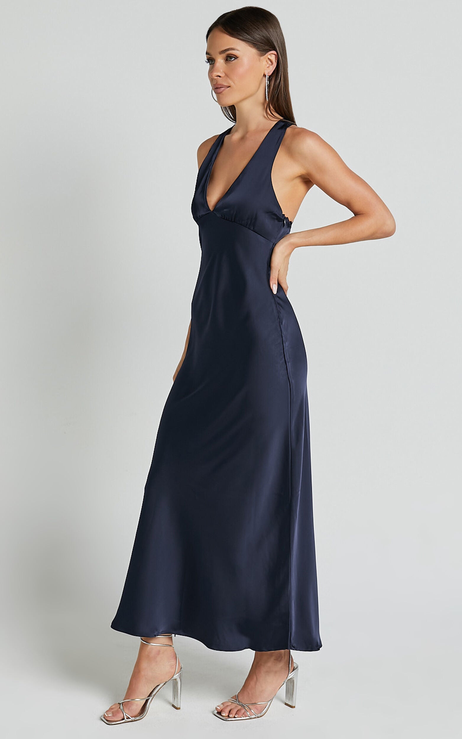 Khalani Midi Dress - Deep V Neck Satin Slip Dress in Navy