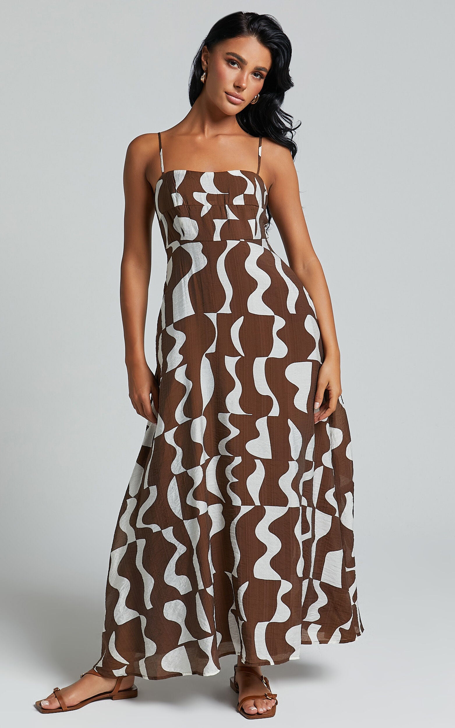 Elisabetta Midi Dress - Empire Waist A Line Dress in Chocolate Mono Wave