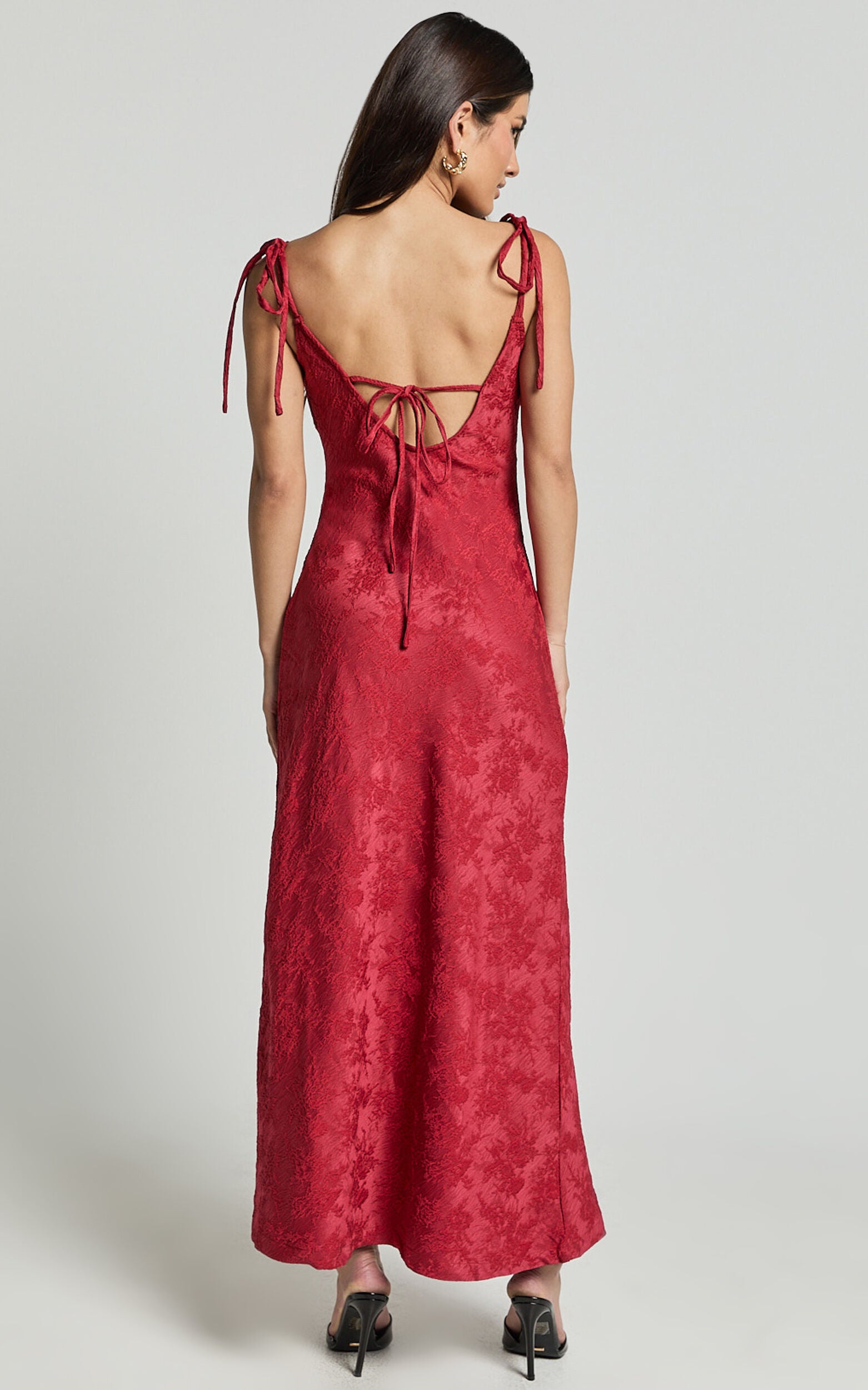 Romarie Maxi Dress - Tie Shoulder Backless Jacquard Dress in Red