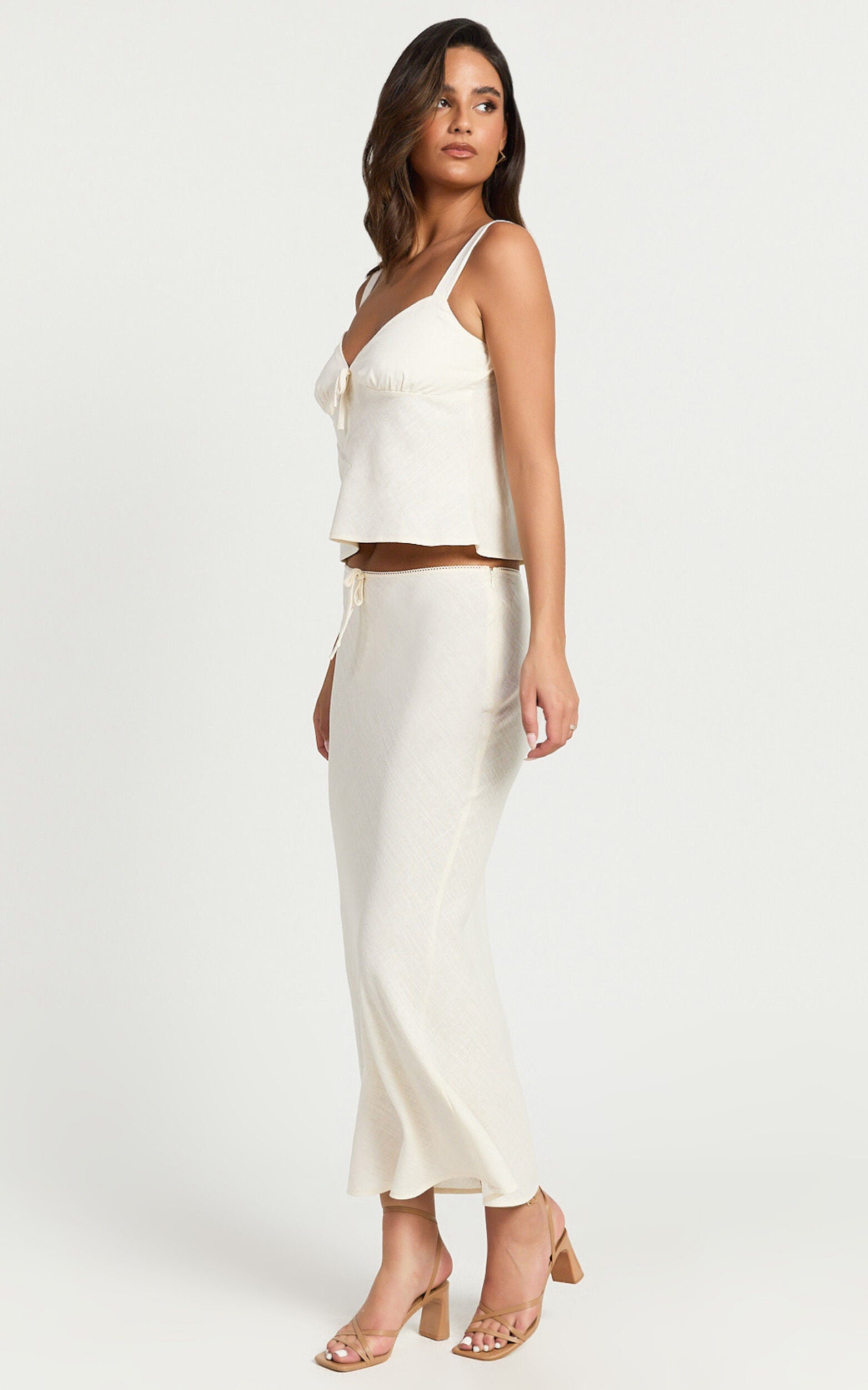 Polly Midi Skirt - Linen Low Waisted Front Bow Slip Skirt in Stone