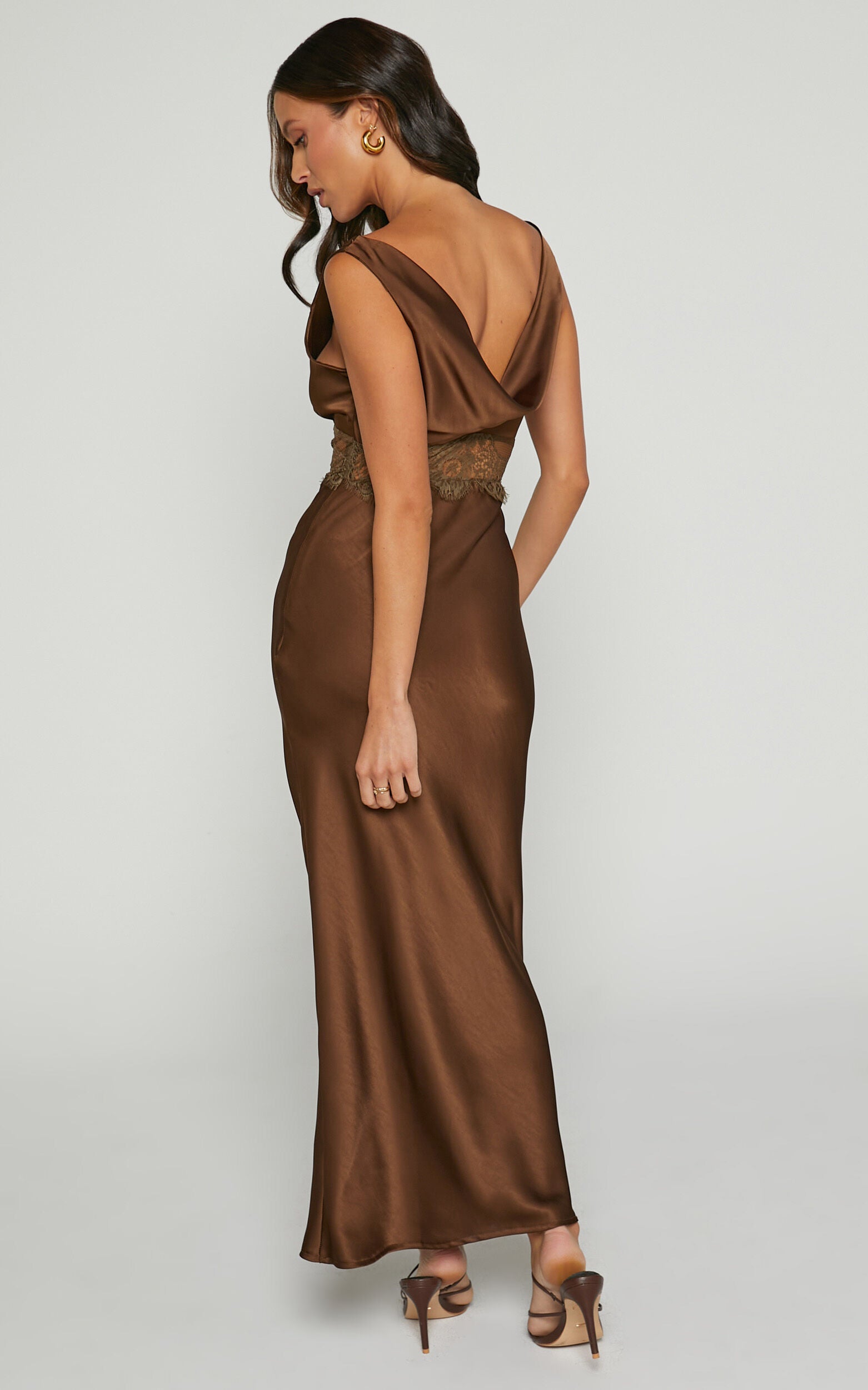 Juliet Midi Dress - V Neck Lace Insert Satin Slip Dress in Chocolate