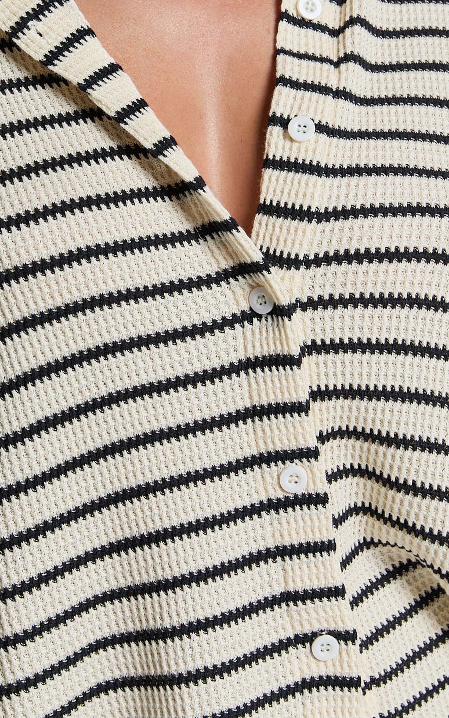 Dylan Two Piece Set - Striped Waffle Shirt and Short Set in Black & Cream Stripe