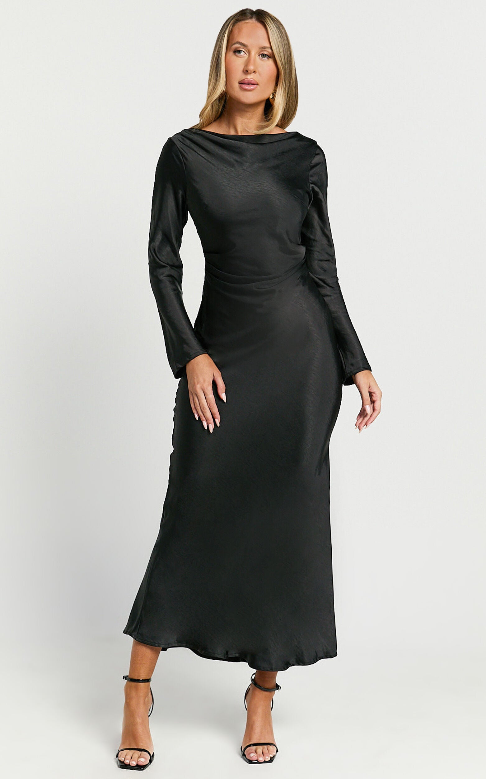 Arriana Midi Dress - Long Sleeve Cowl Back Satin Dress in Black