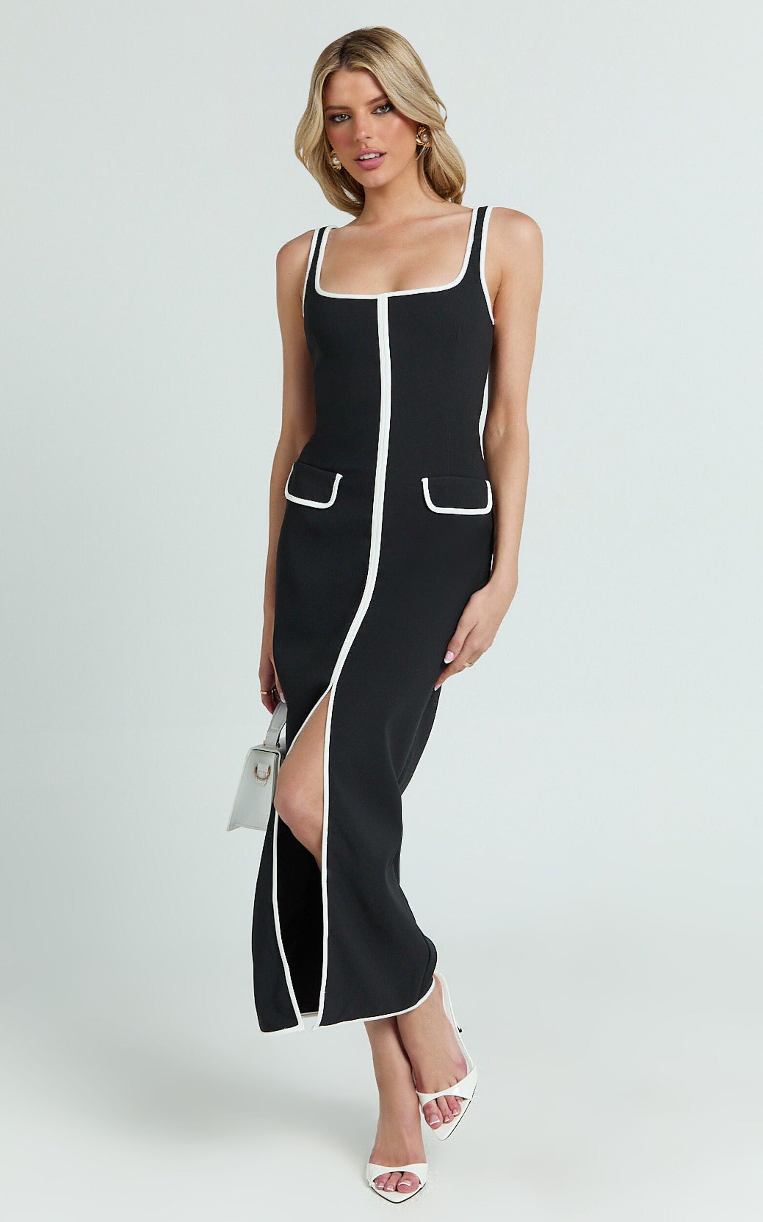 Xyra Midi Dress - Square Neck Contrast Bind Fitted Dress in Black