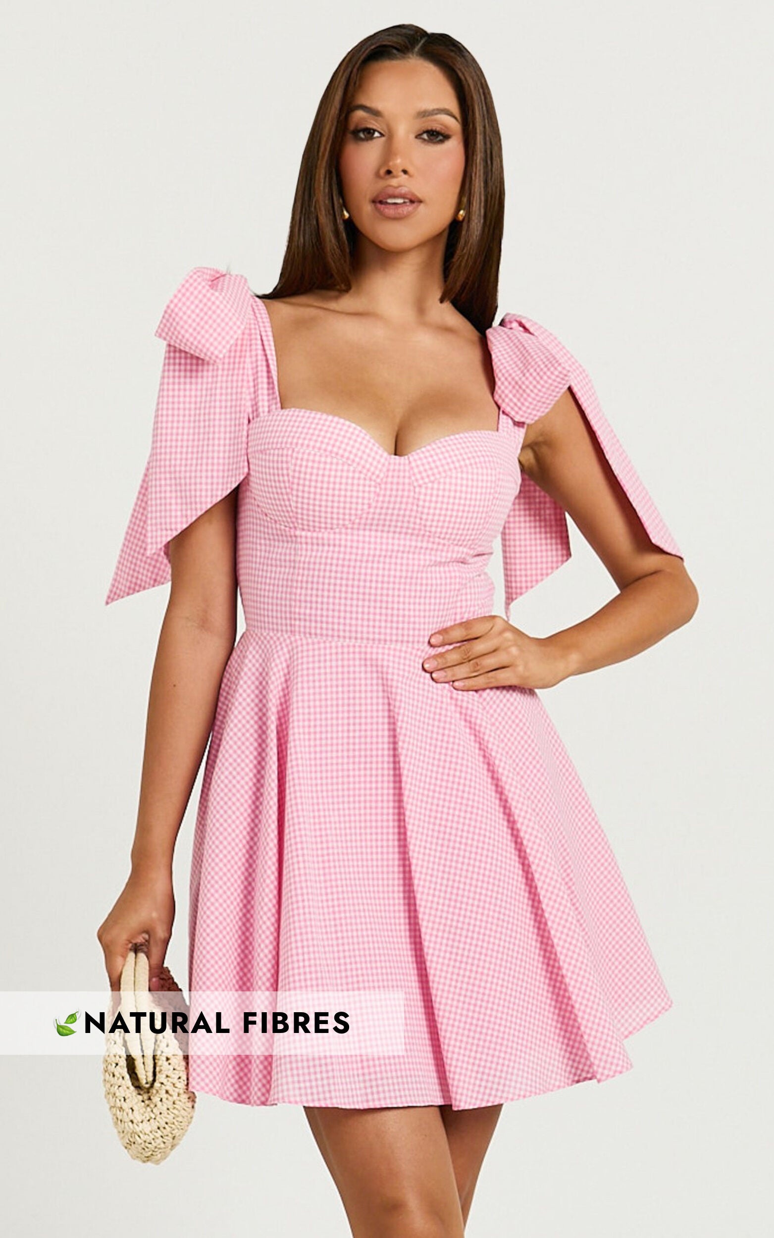 Girley Mini Dress - Bow Strap Dress in Pink Gingham