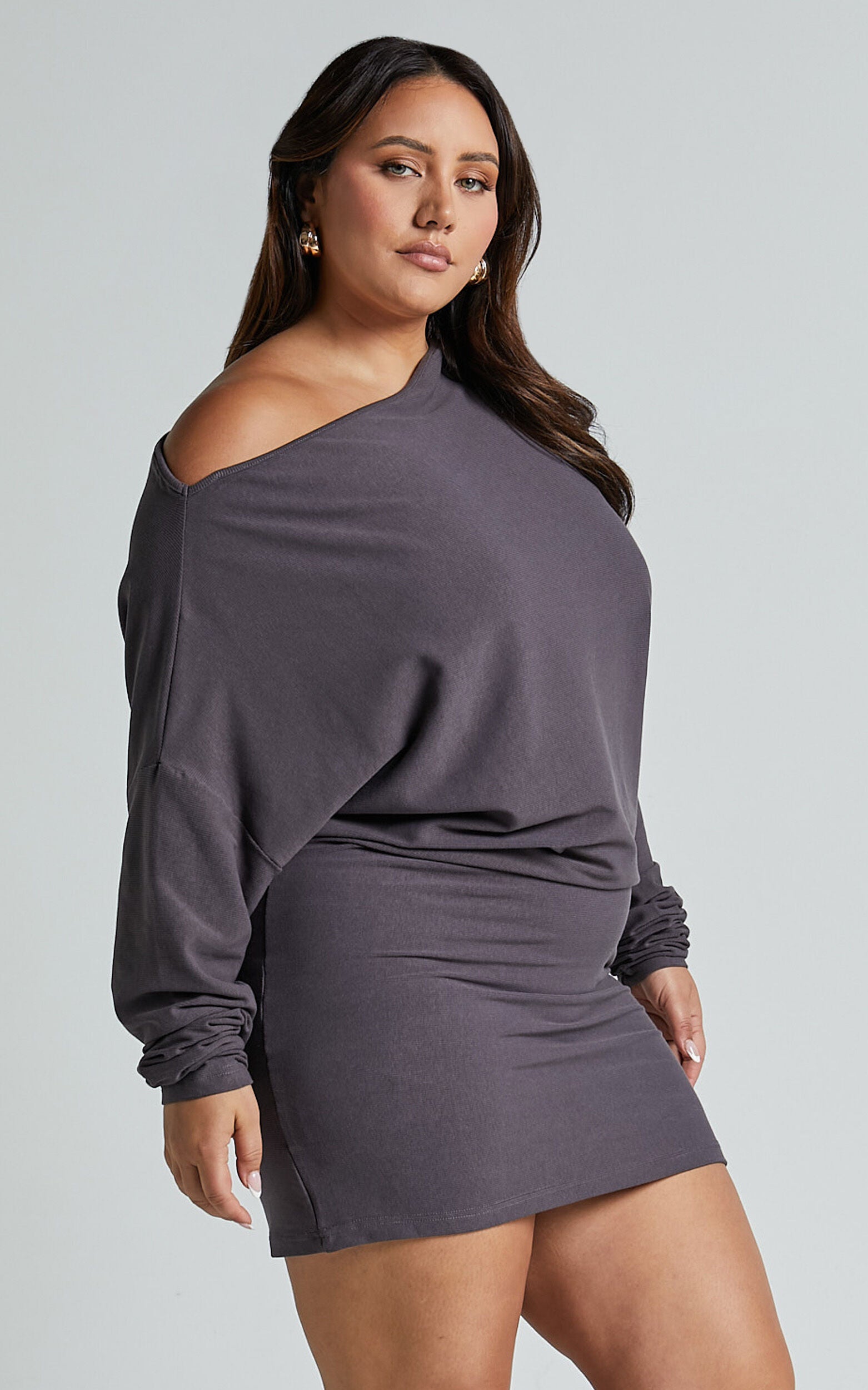 Fermina Mini Dress - Long Sleeve Bodycon Dress in Charcoal Rib