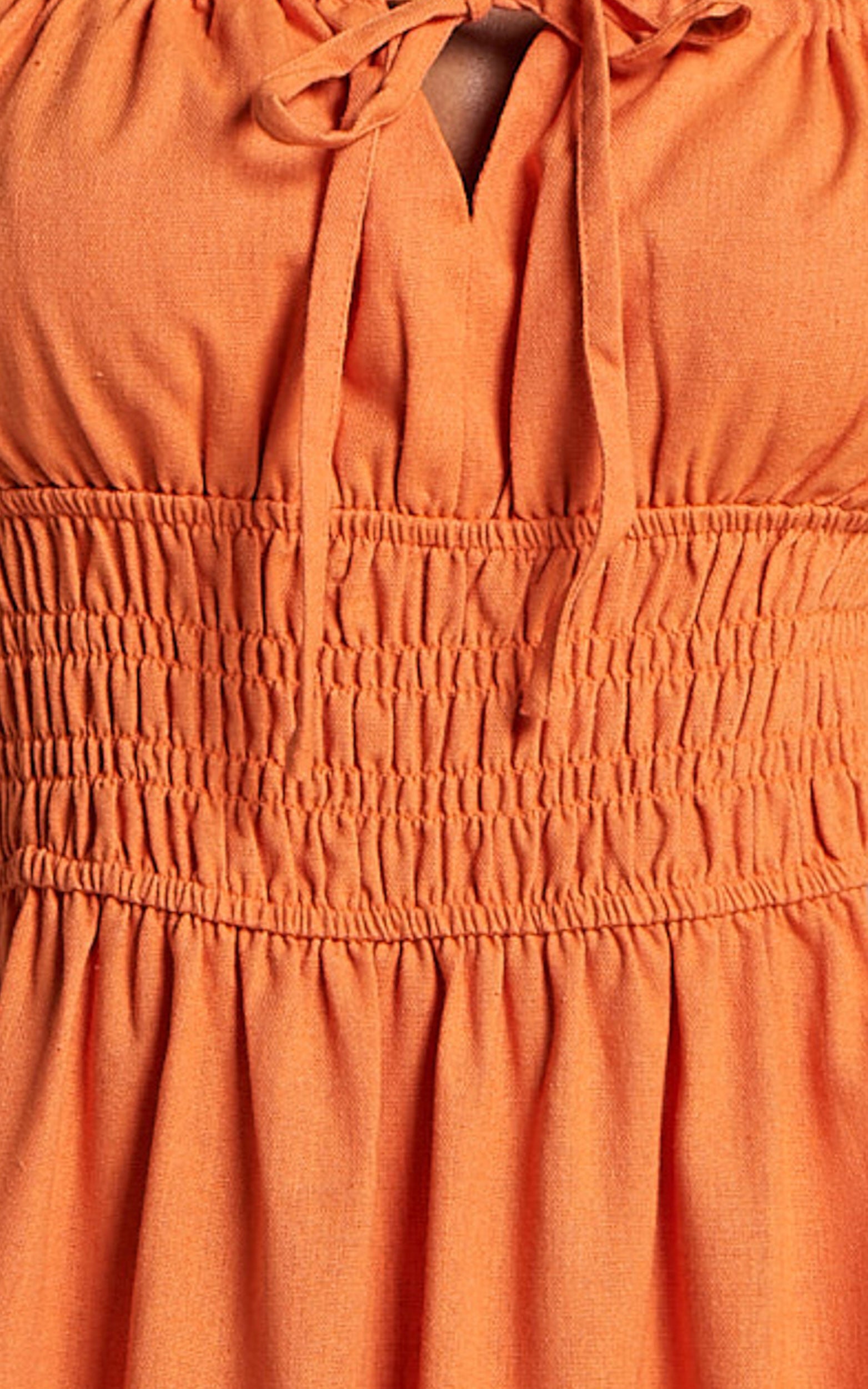 Claritza Midi Dress - Linen Look Short Puff Sleeve Square Neck Tiered Dress in Sherbert