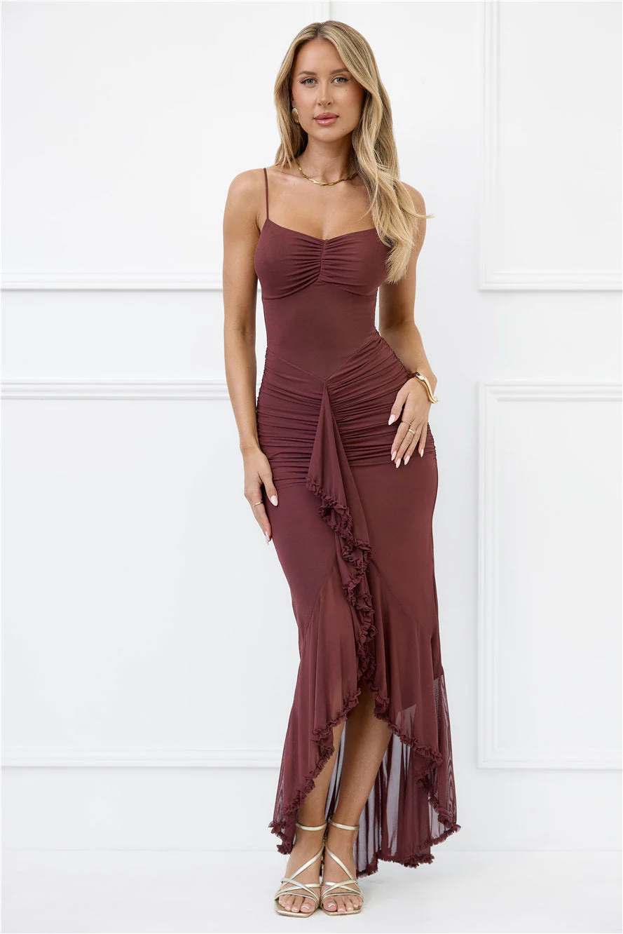 Shimmer In The Dark Mesh Maxi Dress Brown
