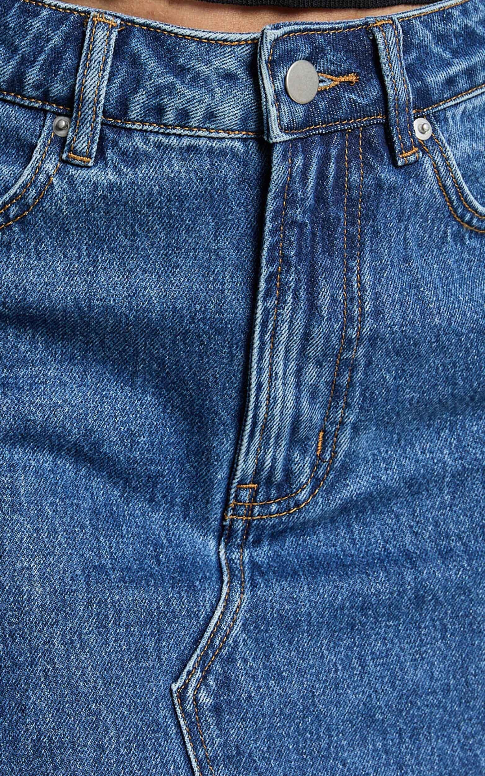 Kira Midi Skirt - Front Split Denim Skirt in Dark Blue Wash