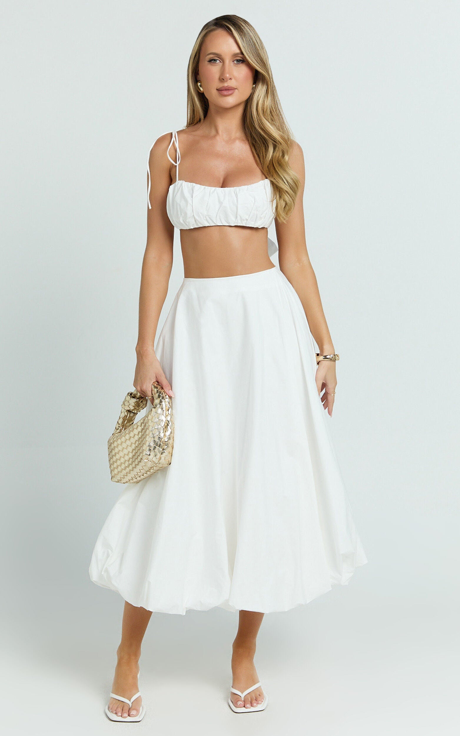 Sanders Two Piece Set - Ruche Strappy Square Neck Top And Bubble Hem Skirt in Off White
