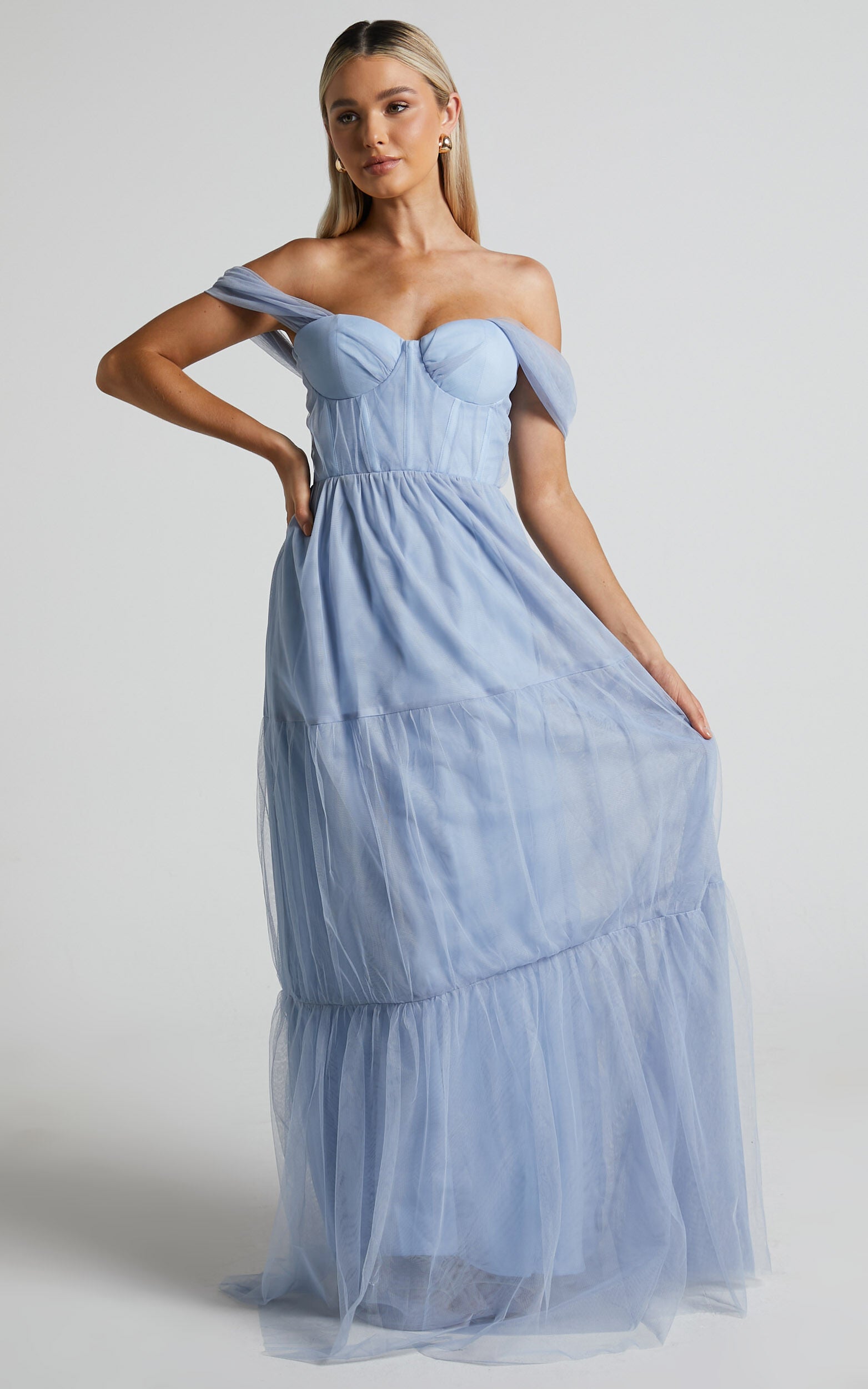 Ontario Maxi Dress - Off Shoulder Corset Bodice Tulle Dress in Light Blue
