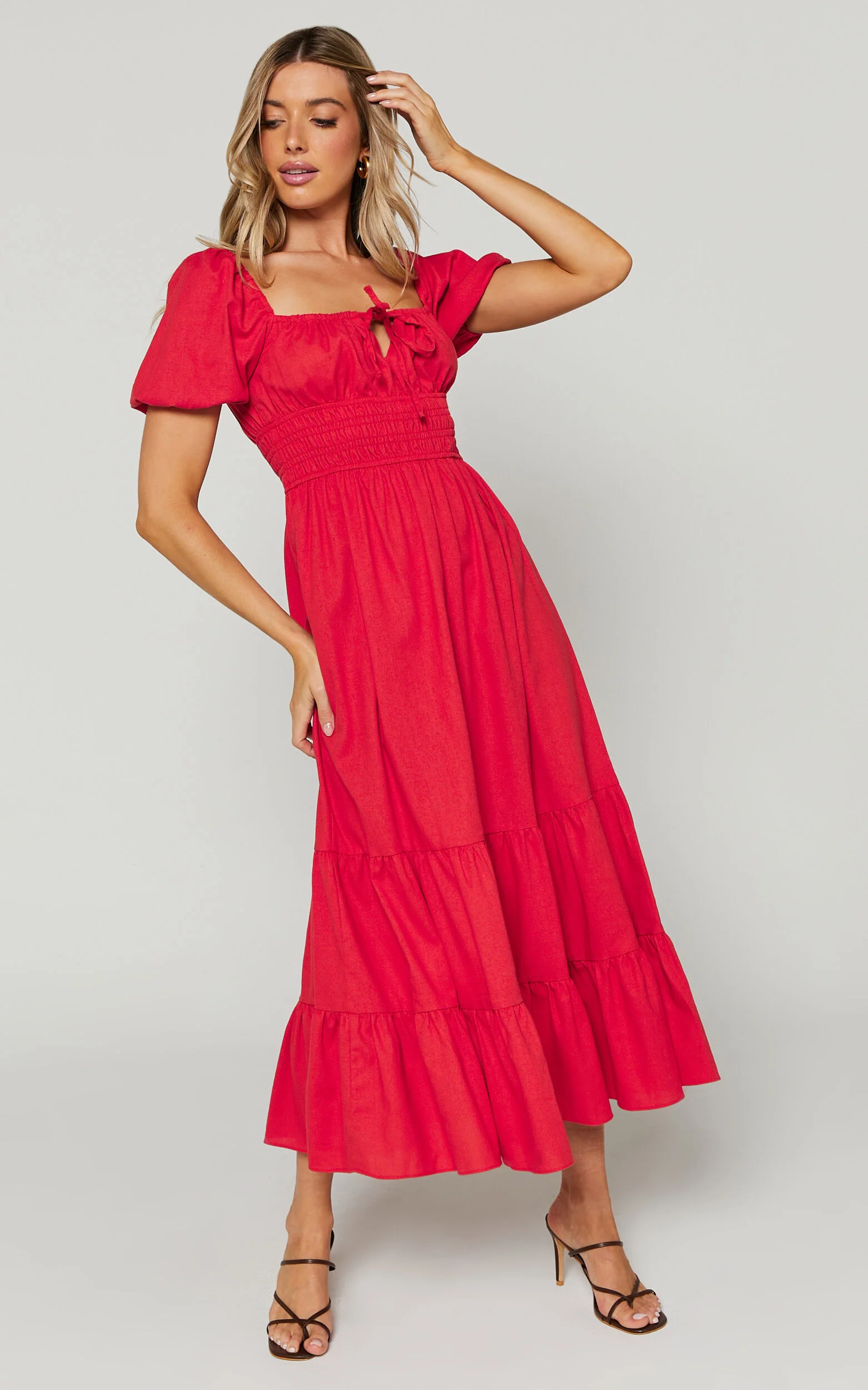 Claritza Midi Dress - Linen Look Short Puff Sleeve Square Neck Tiered Dress in Red