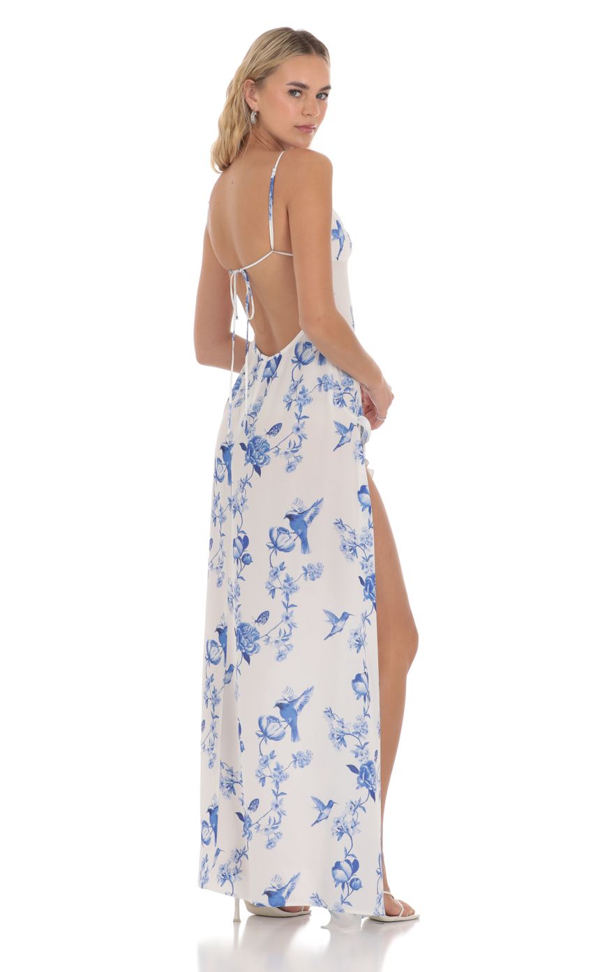 Floral Ruffle Slit Maxi Dress in White