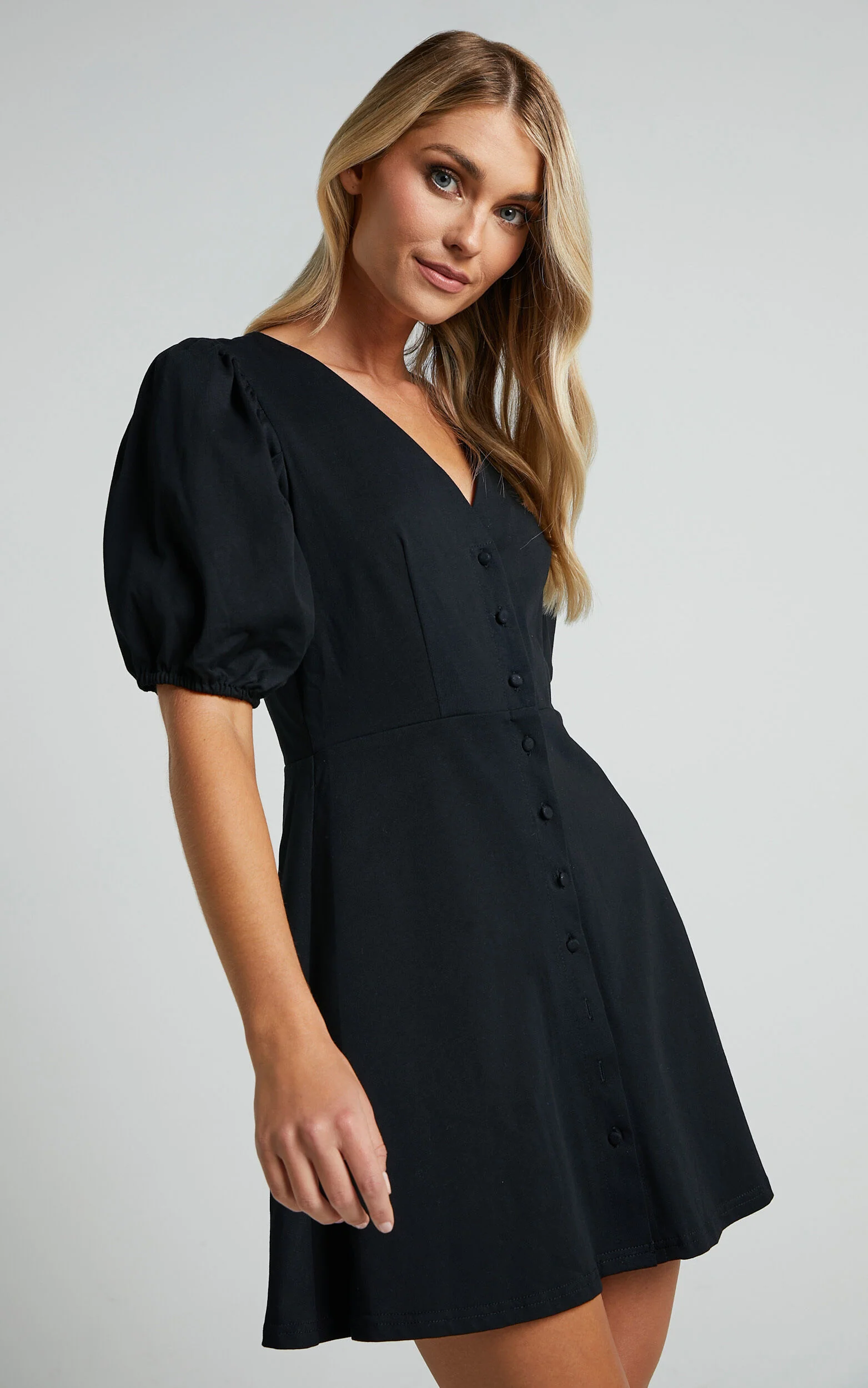 Rochelle Mini Dress - V Neck Button Through Dress in Black