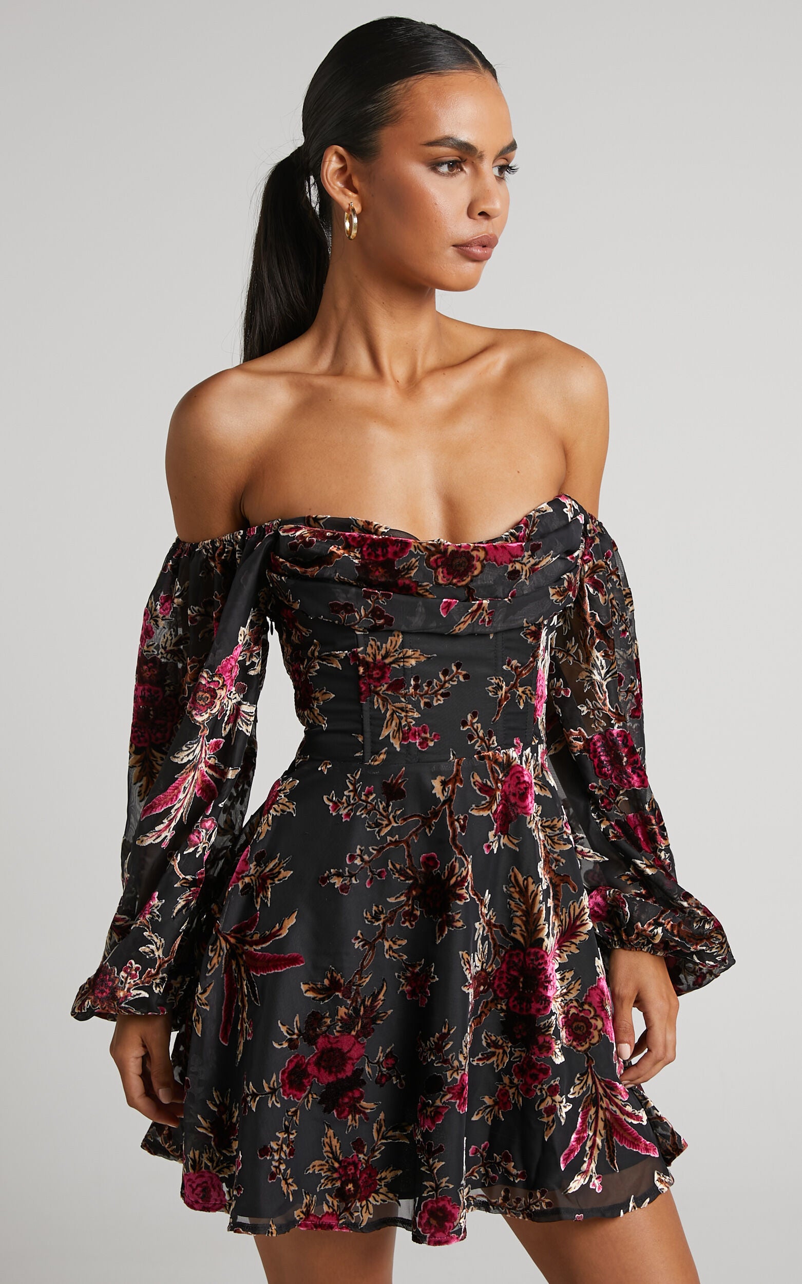 Jessell Mini Dress - Long Sleeve Cowl Corset Dress in Black Floral