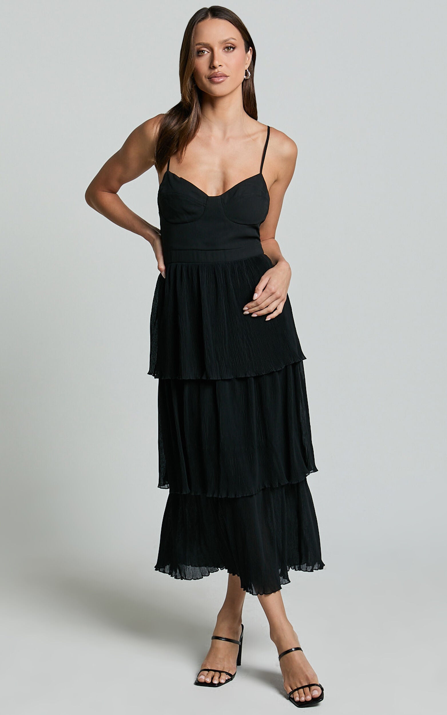 Nina Midi Dress - Bustier Frill Detail Dress in Black