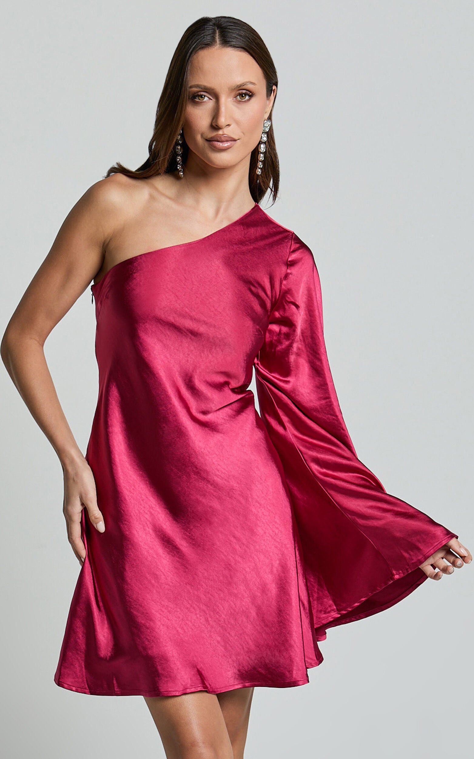 Karla Mini Dress - One Shoulder Long Sleeve Dress in Berry