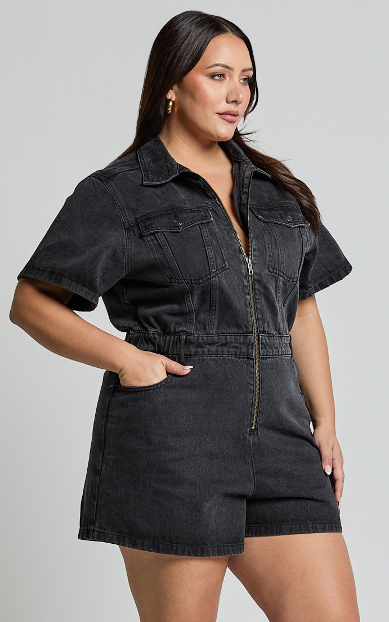 Mauriel Playsuit - Recycled Cotton Utility Playsuit in Washed Black