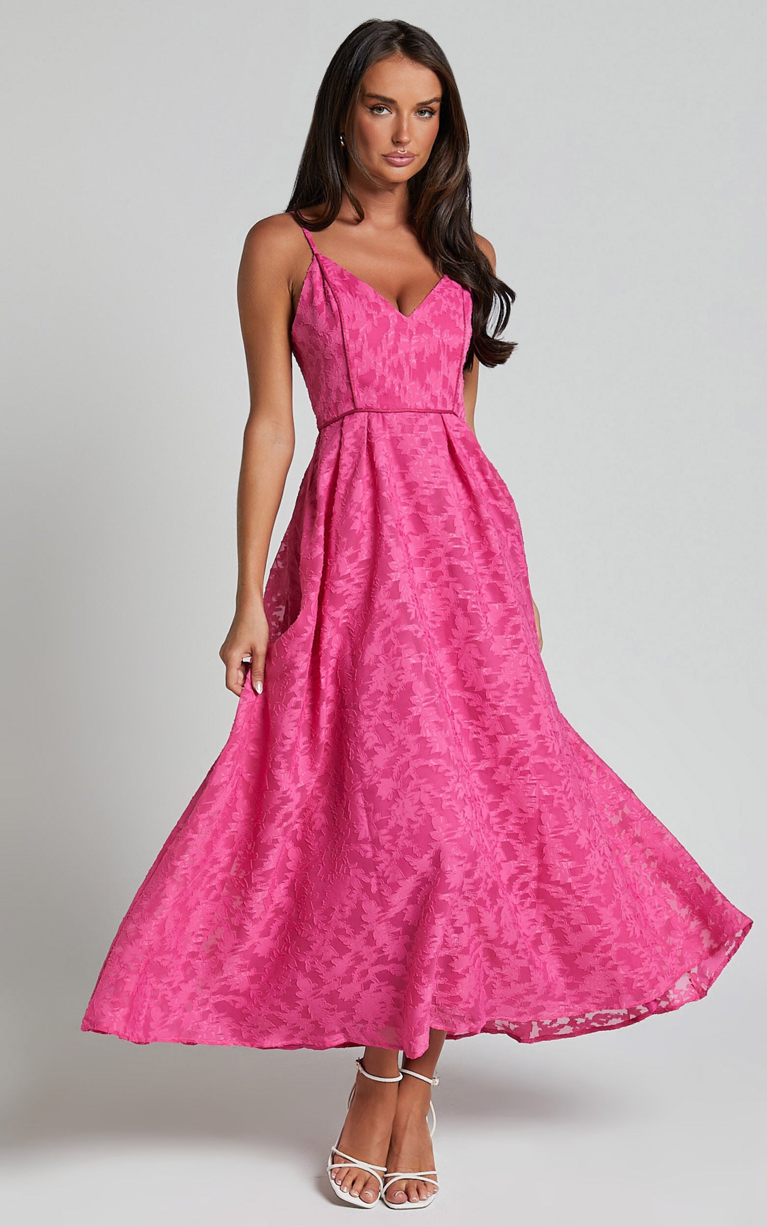 Philine Midi Dress - Jacquard Plunge Fit and Flare Dress in Pink