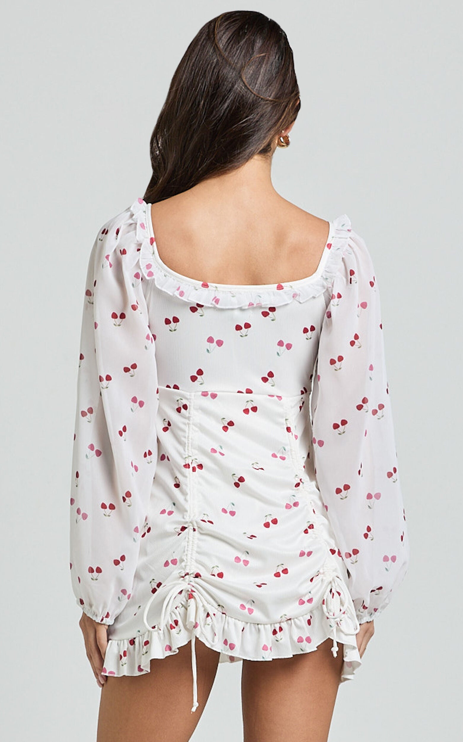 Francia Mini Dress - Long Sleeve Gathered Frill Hem Detail Dress in Cherry Print