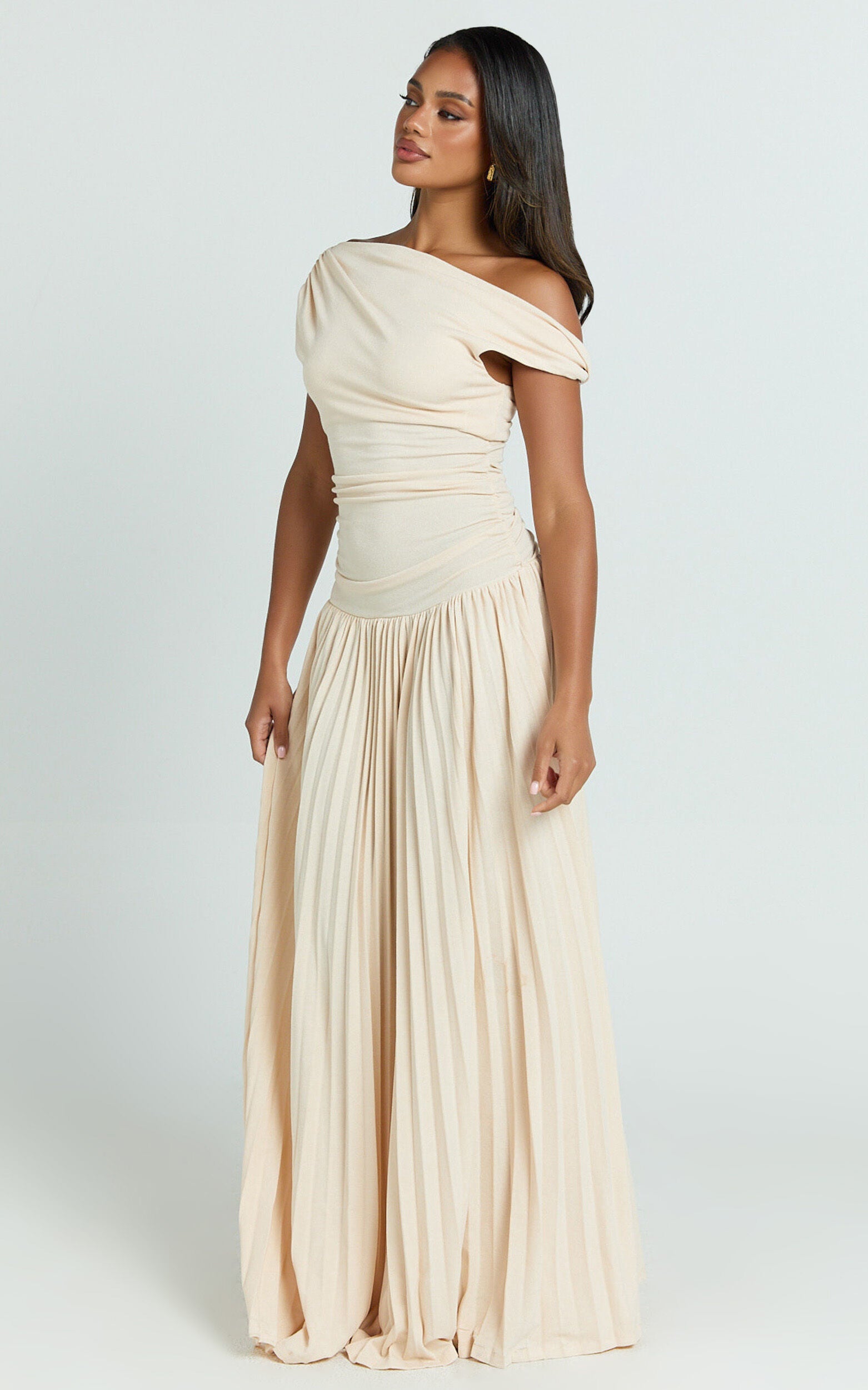 Yvonne Maxi Dress - Jersey Tip Shoulder Ruched Dress in Off White